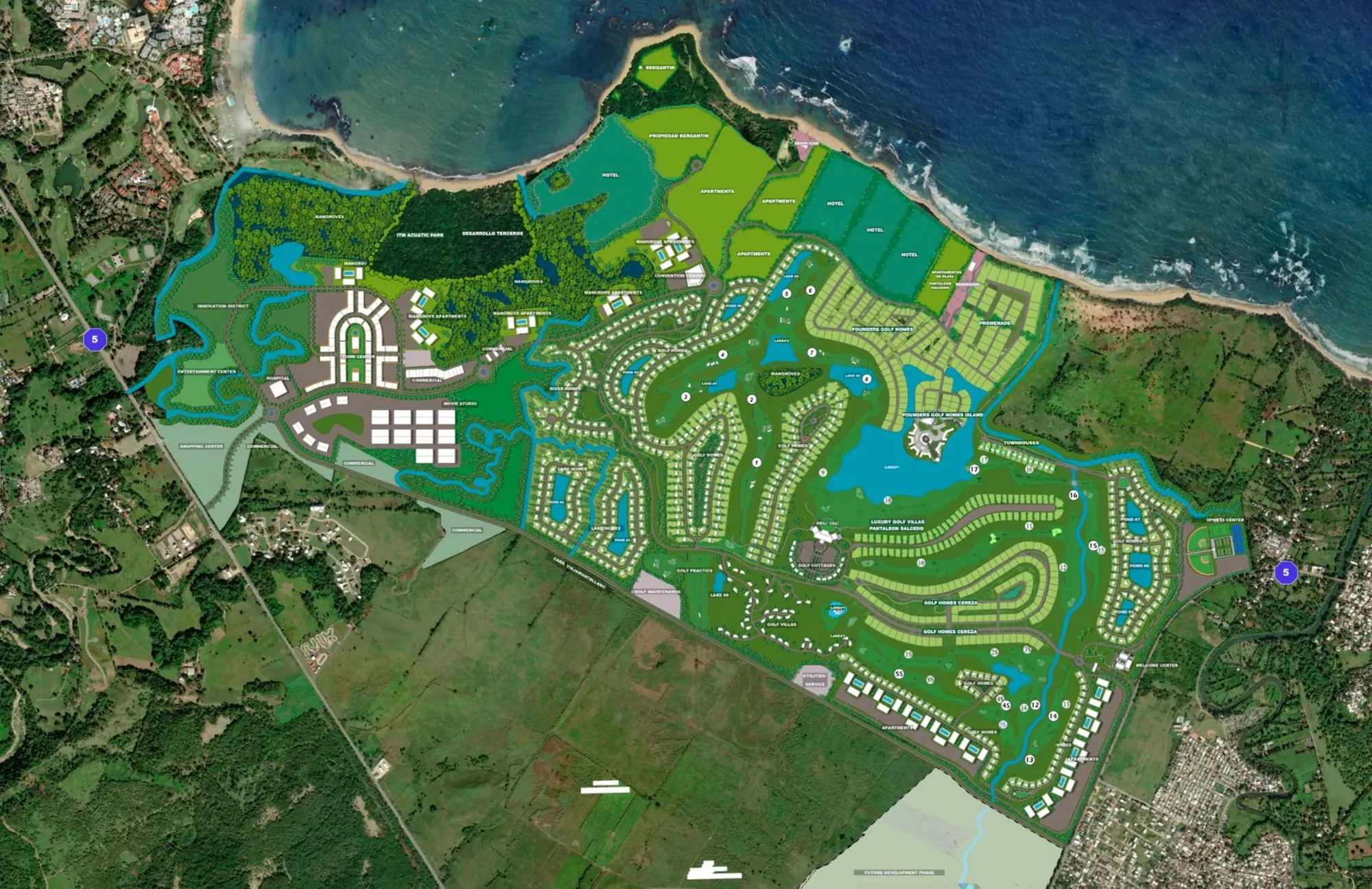 Master plan general de Punta Bergantín en Puerto Plata, con hoteles, campo de golf, lagos y comunidades residenciales