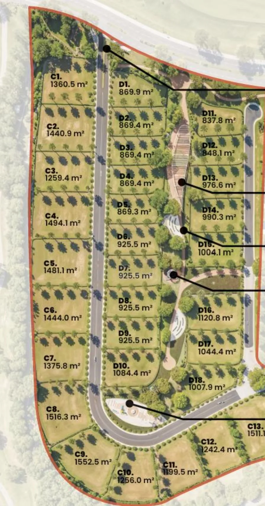 Master plan de Hacienda Golf I en Punta Bergantín con los solares numerados y sus metros cuadrados