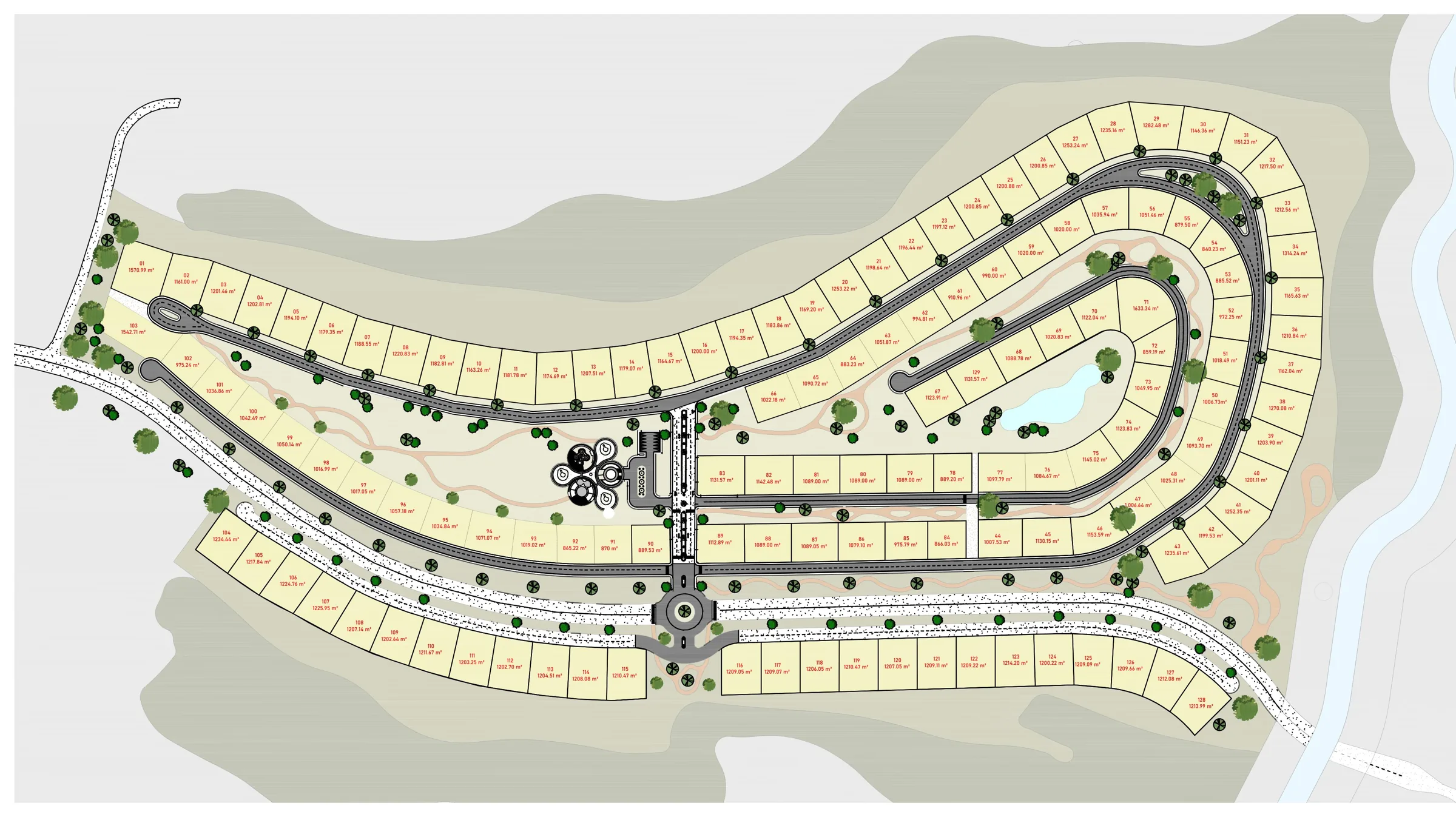 Master plan de Hacienda Los Cerezos en Punta Bergantín, con solares alrededor del lago y del golf