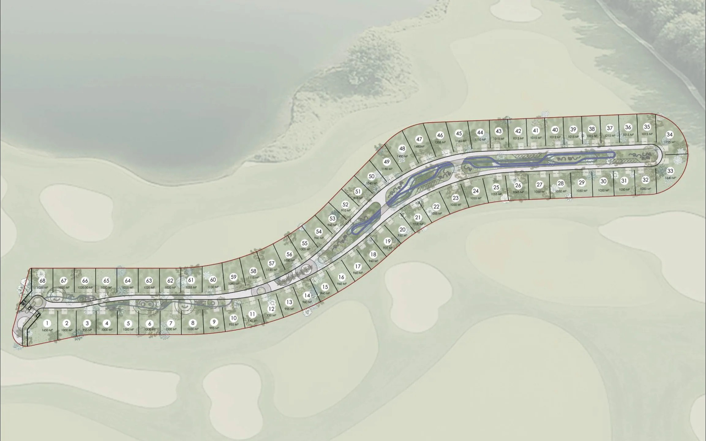Master plan de Hacienda Serena en Punta Bergantín, con las villas a lo largo del campo de golf