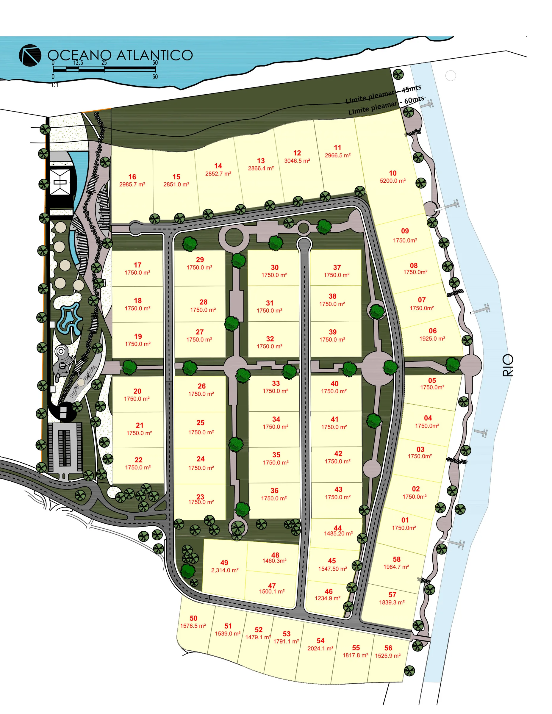 Master plan de los Solares Beach Promenade en Punta Bergantín, entre el océano Atlántico y el río