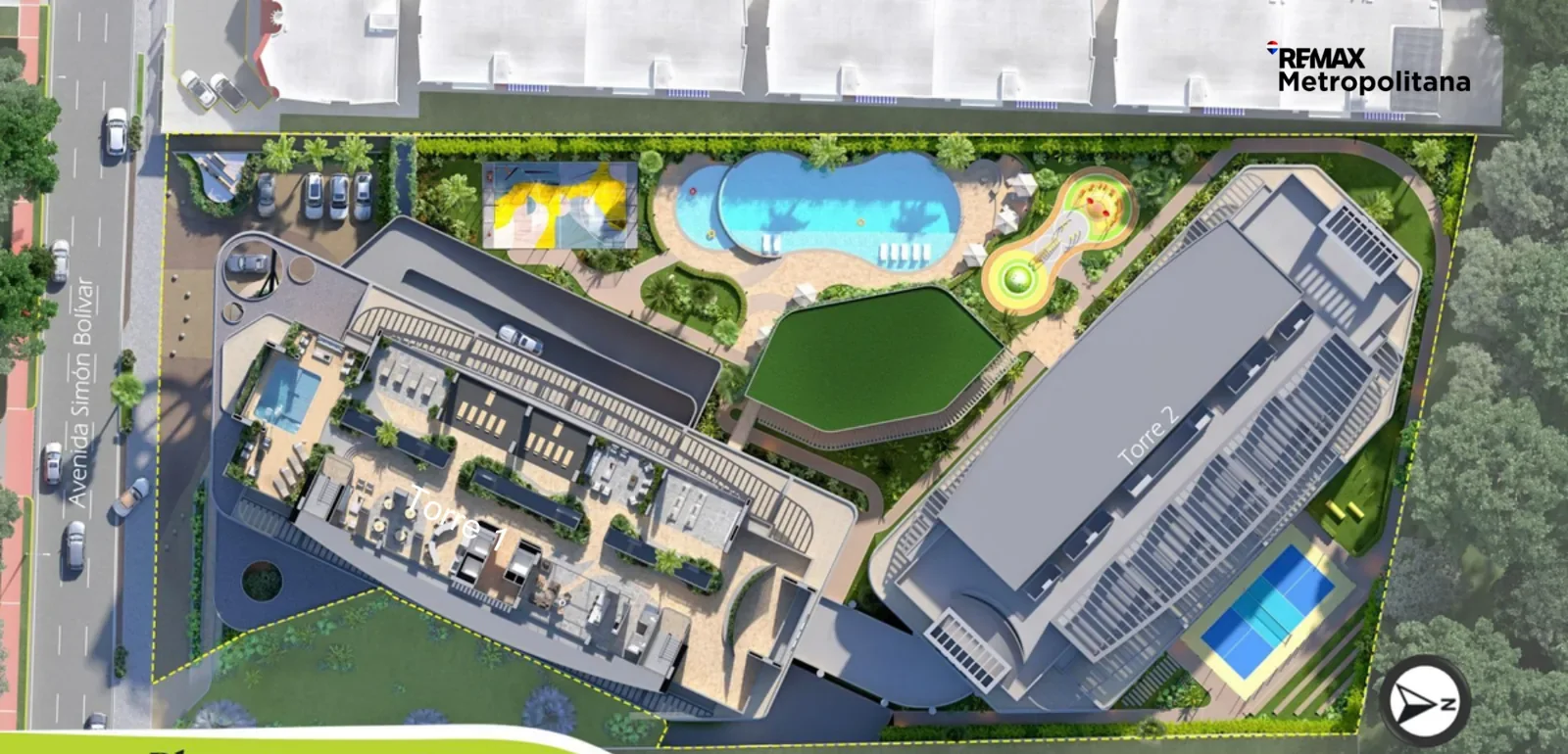 Masterplan de Traventto Santo Domingo con las dos torres, las piscinas, la cancha de pickleball y el Adventure Park