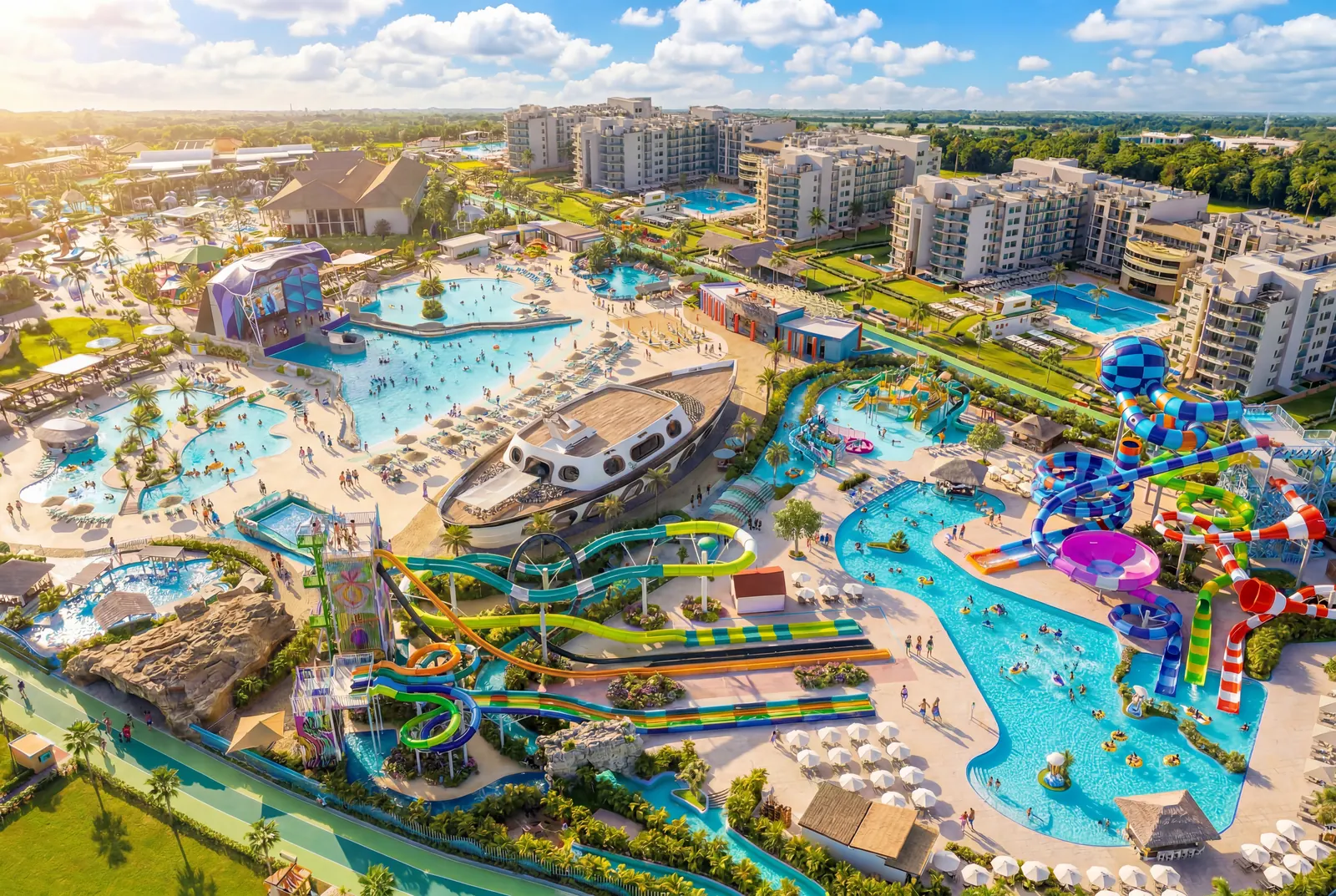 Parque acuático de Cruise On Land Punta Cana lleno de visitantes, con toboganes y piscinas
