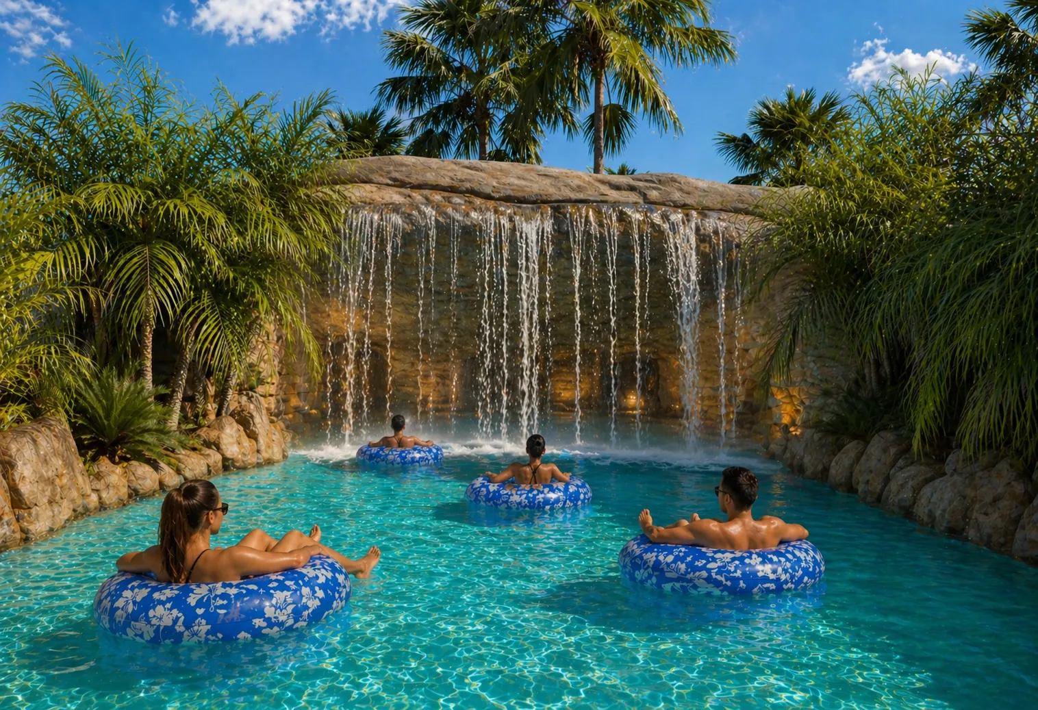 Río con cascada y flotadores en el parque acuático de Cruise On Land Punta Cana