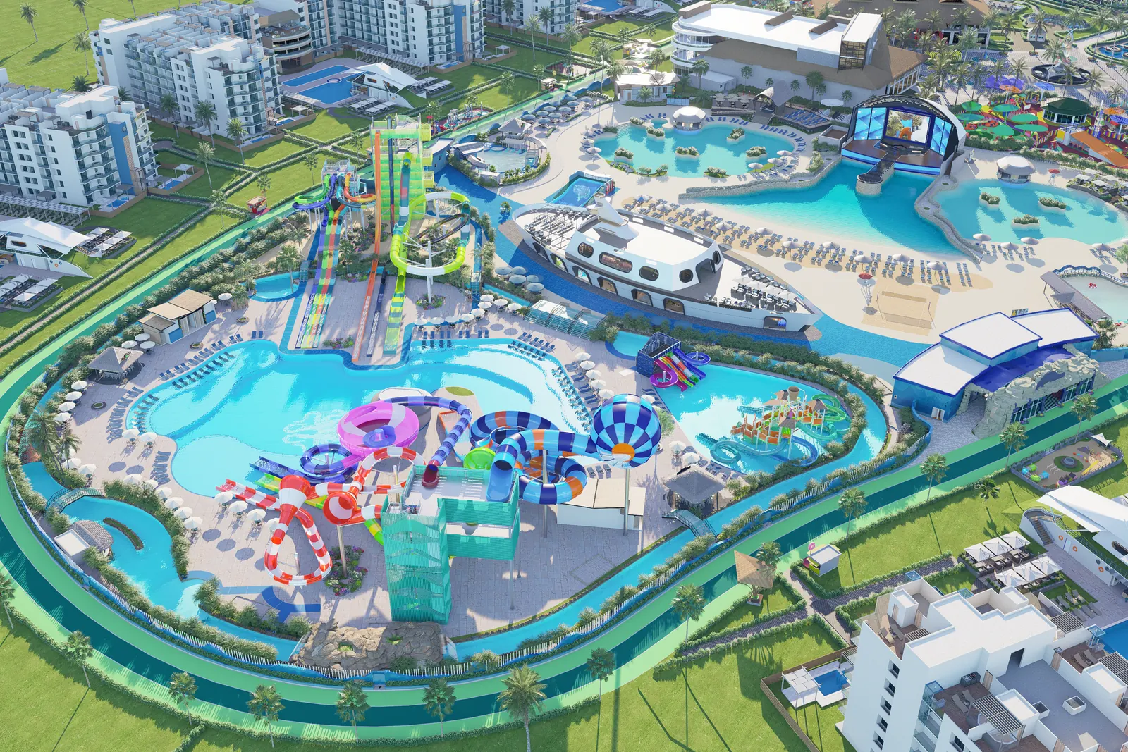 Piscinas y toboganes del parque acuático de Cruise On Land Punta Cana vistos desde arriba