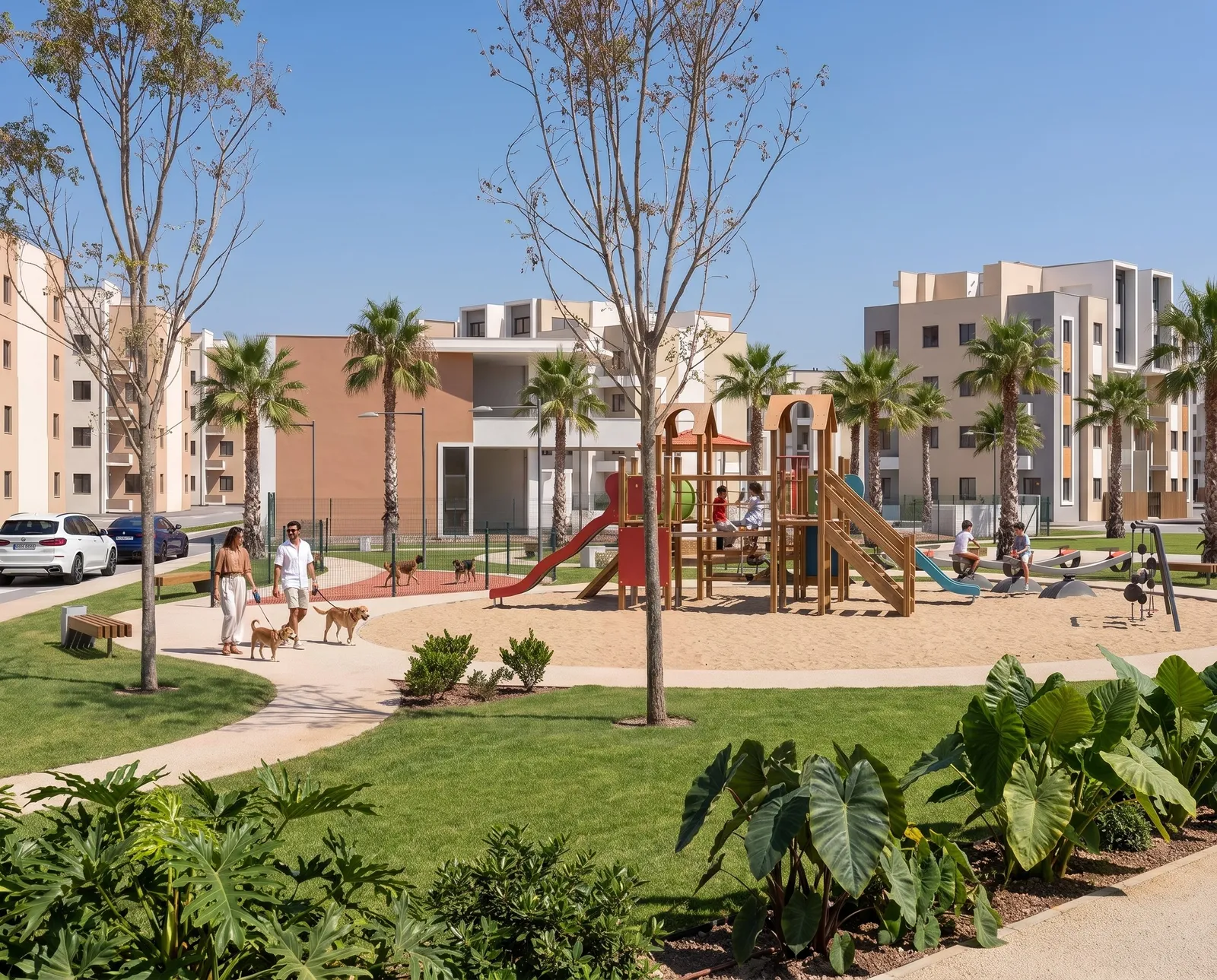 Parque infantil y áreas verdes entre los edificios de Brisas de las Colinas 8, render ilustrativo