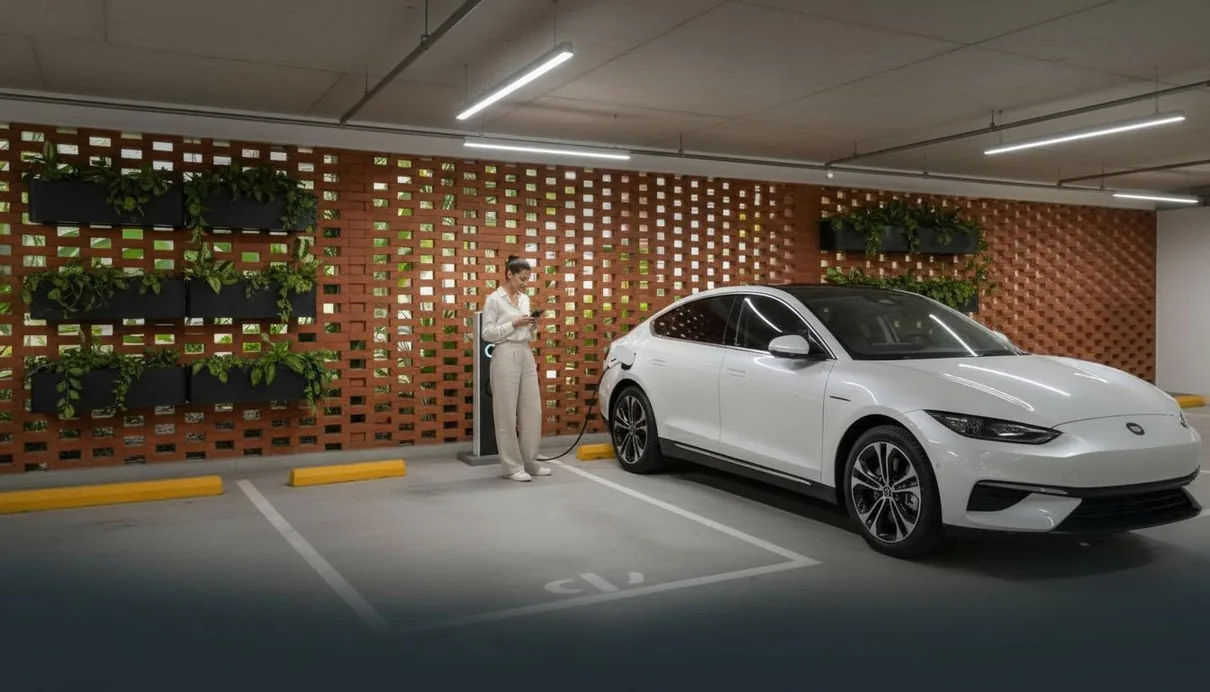 Parqueo con cargador para auto eléctrico en Traventto Santo Domingo, render ilustrativo