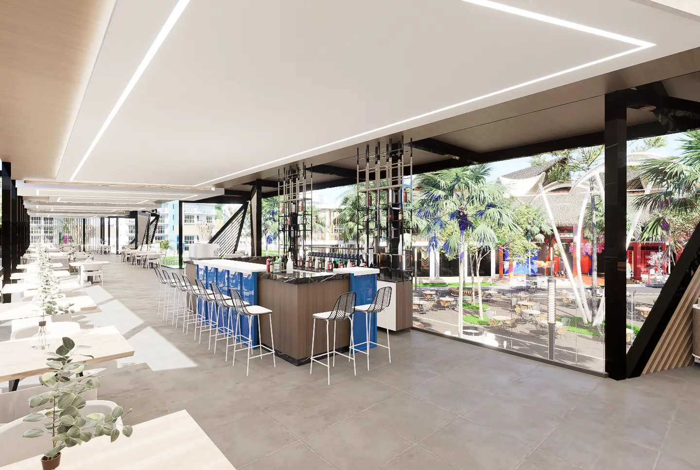 Salón con ventanales de un restaurante del paseo gastronómico de Cruise On Land Punta Cana