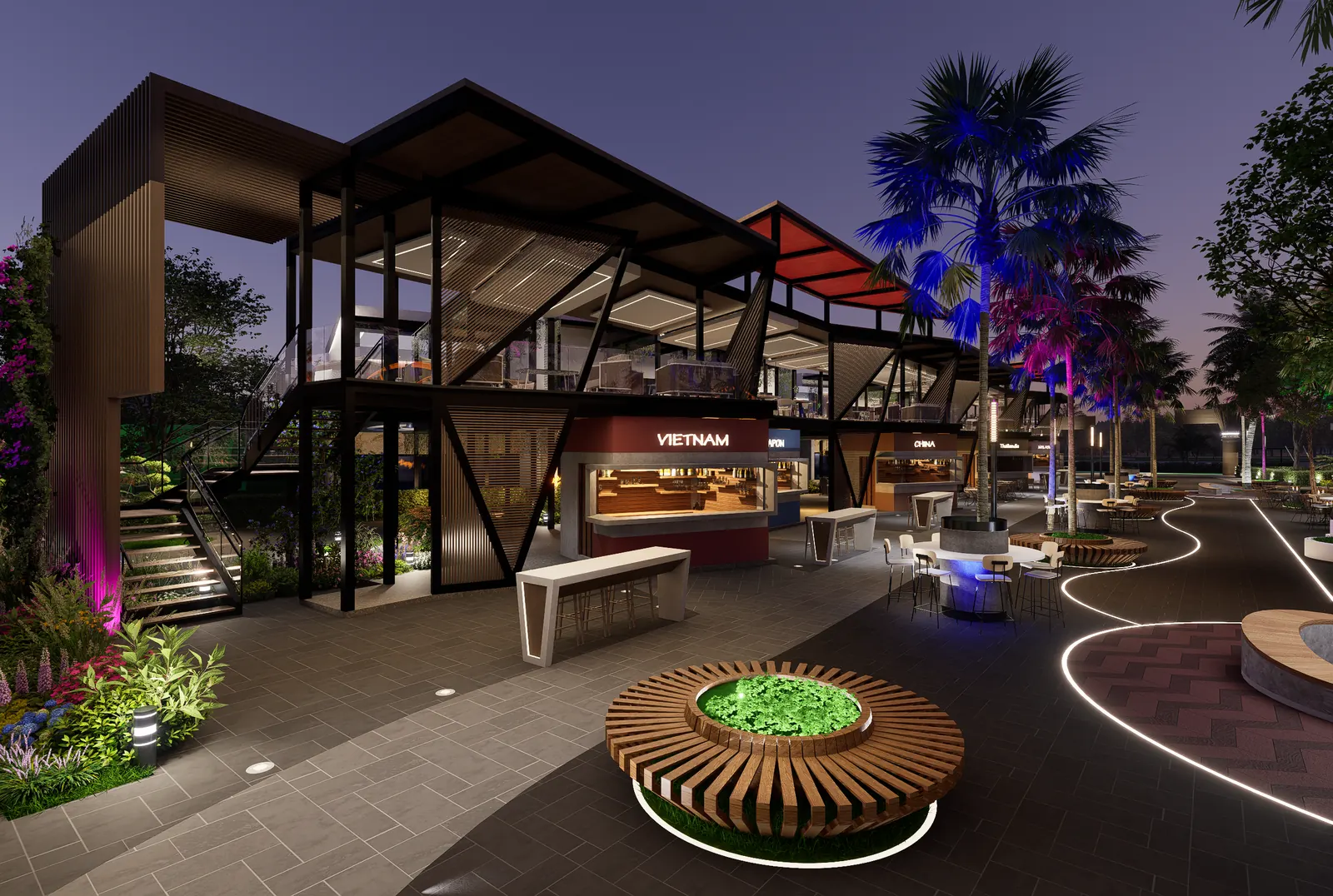 Terraza nocturna del paseo gastronómico de Cruise On Land Punta Cana