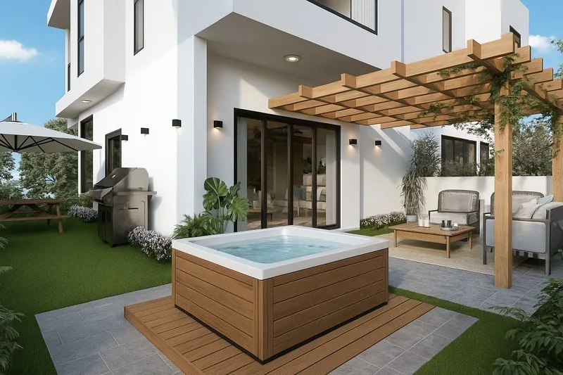 Allegra Park: villas duplex nuevas en el Residencial Bávaro-Punta Cana 15 Patio con jacuzzi y pérgola de una villa de Allegra Park Punta Cana