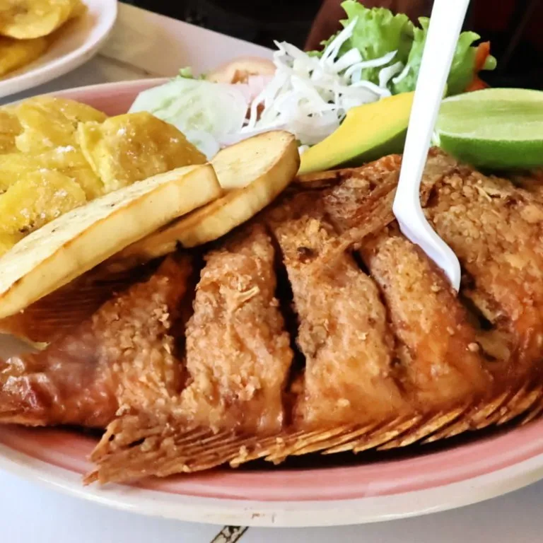 Pescado frito con tostones, aguacate, batata frita y ensalada en un plato de Boca Chica