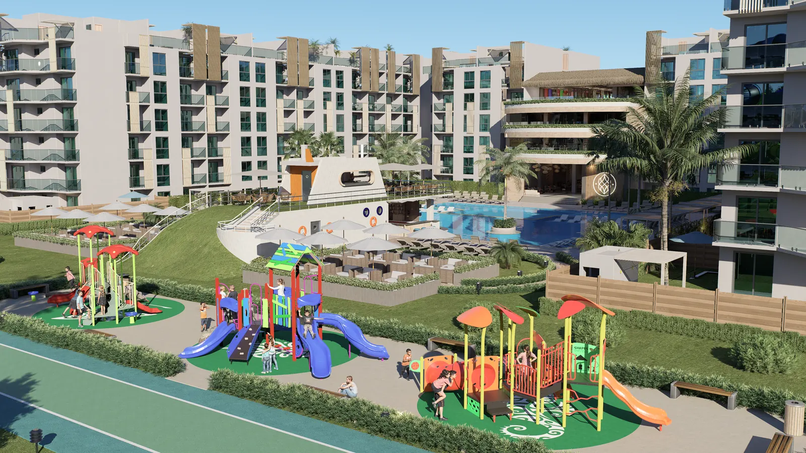 Juegos infantiles junto a los condohoteles de Cruise On Land Punta Cana