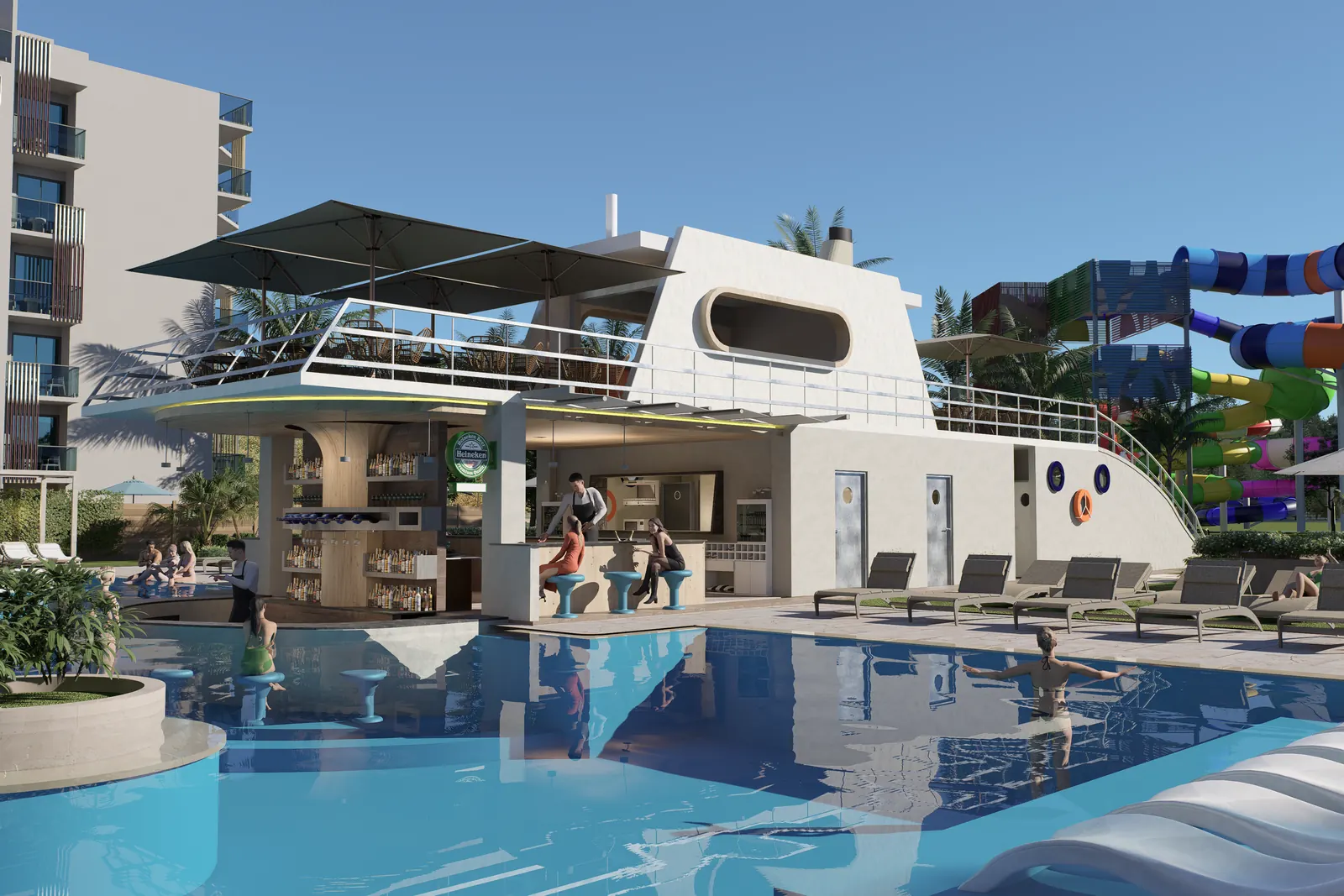 Piscina con bar en forma de barco en un condohotel de Cruise On Land Punta Cana