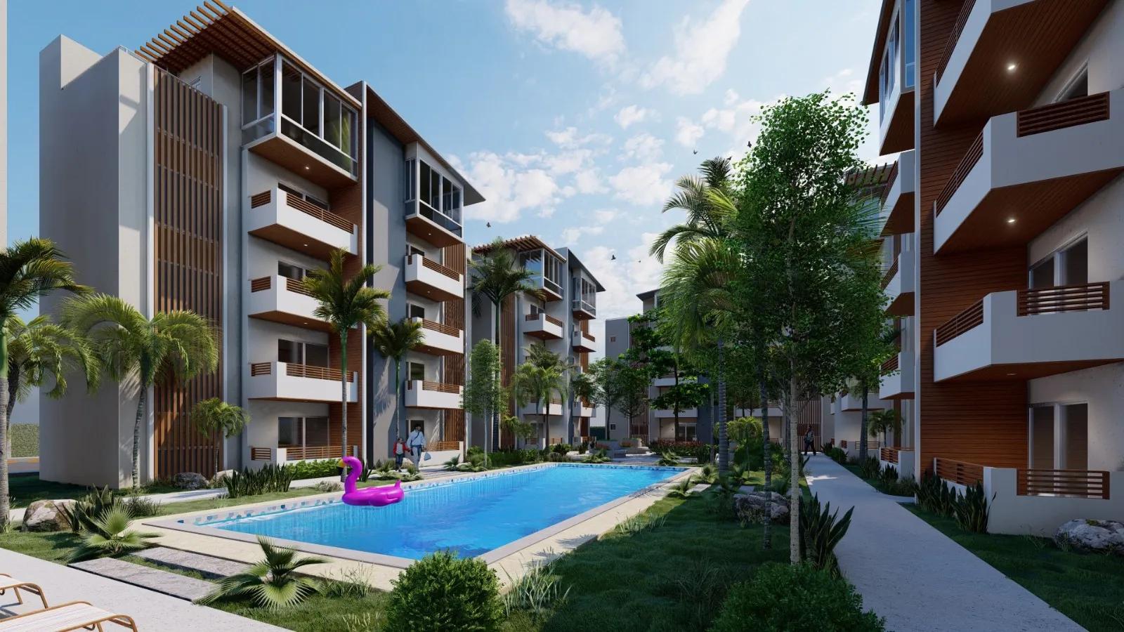 Piscina con camastros y jardines frente a los edificios de Terrazas de Boca Chica, render ilustrativo