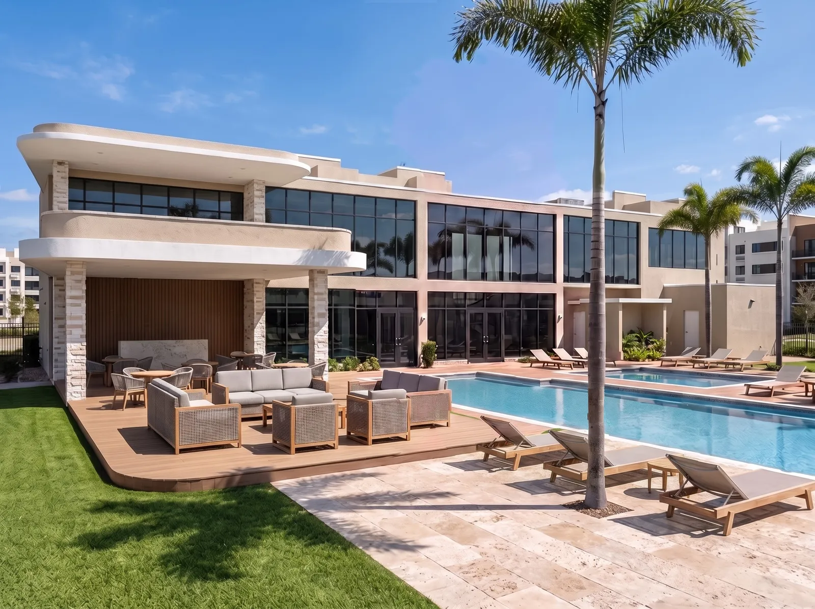 Piscina de adultos y terraza de la casa club de Brisas de las Colinas 8, render ilustrativo
