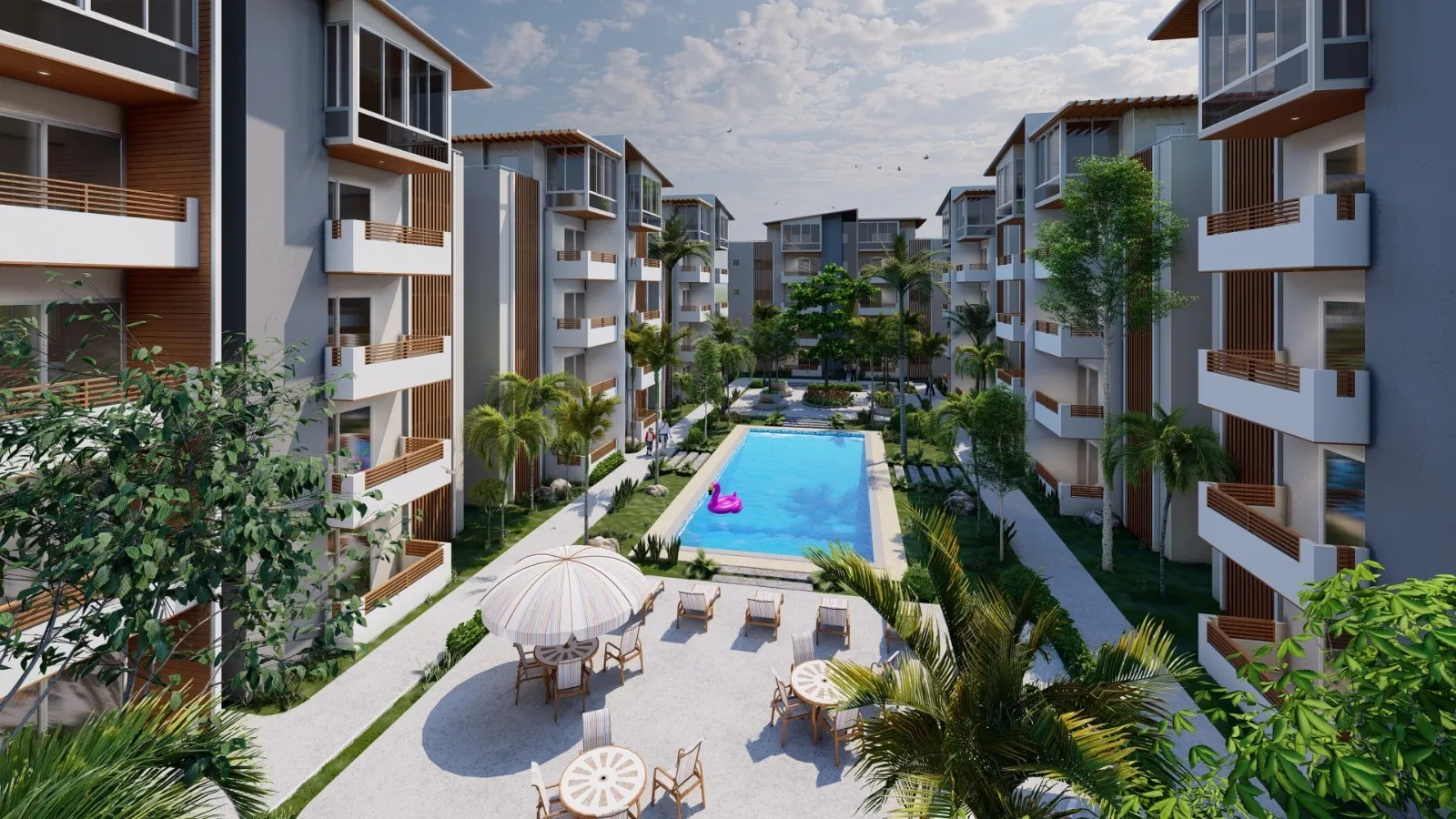 Piscina entre los edificios de Terrazas de Boca Chica con área de descanso y jardines, render ilustrativo