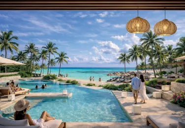Piscina infinita del Beach Club frente a la playa de Cruise On Land Punta Cana