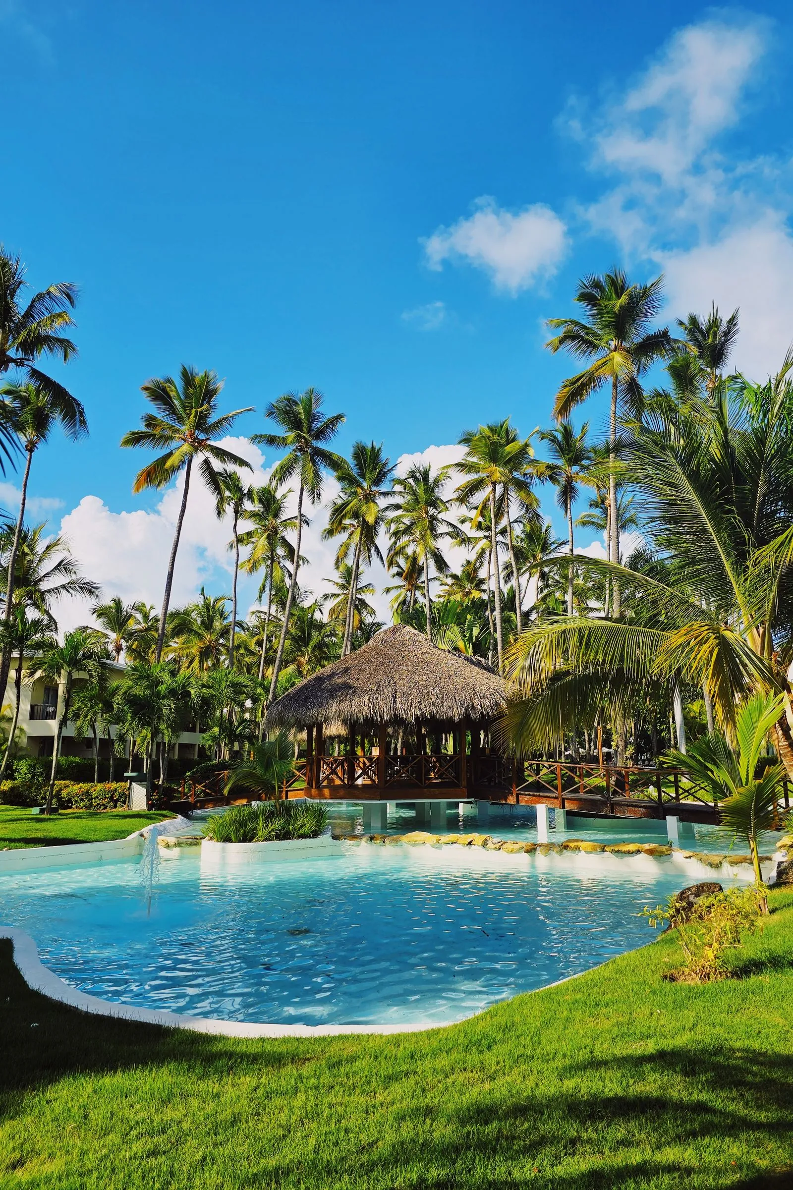Piscina de un resort en Punta Cana, rodeada de palmeras, jardines y un ranchito de techo de cana