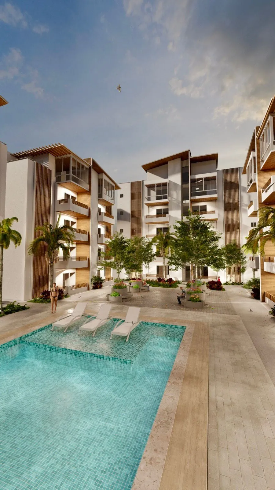 Piscina y edificios de Terrazas de Boca Chica al atardecer, render ilustrativo