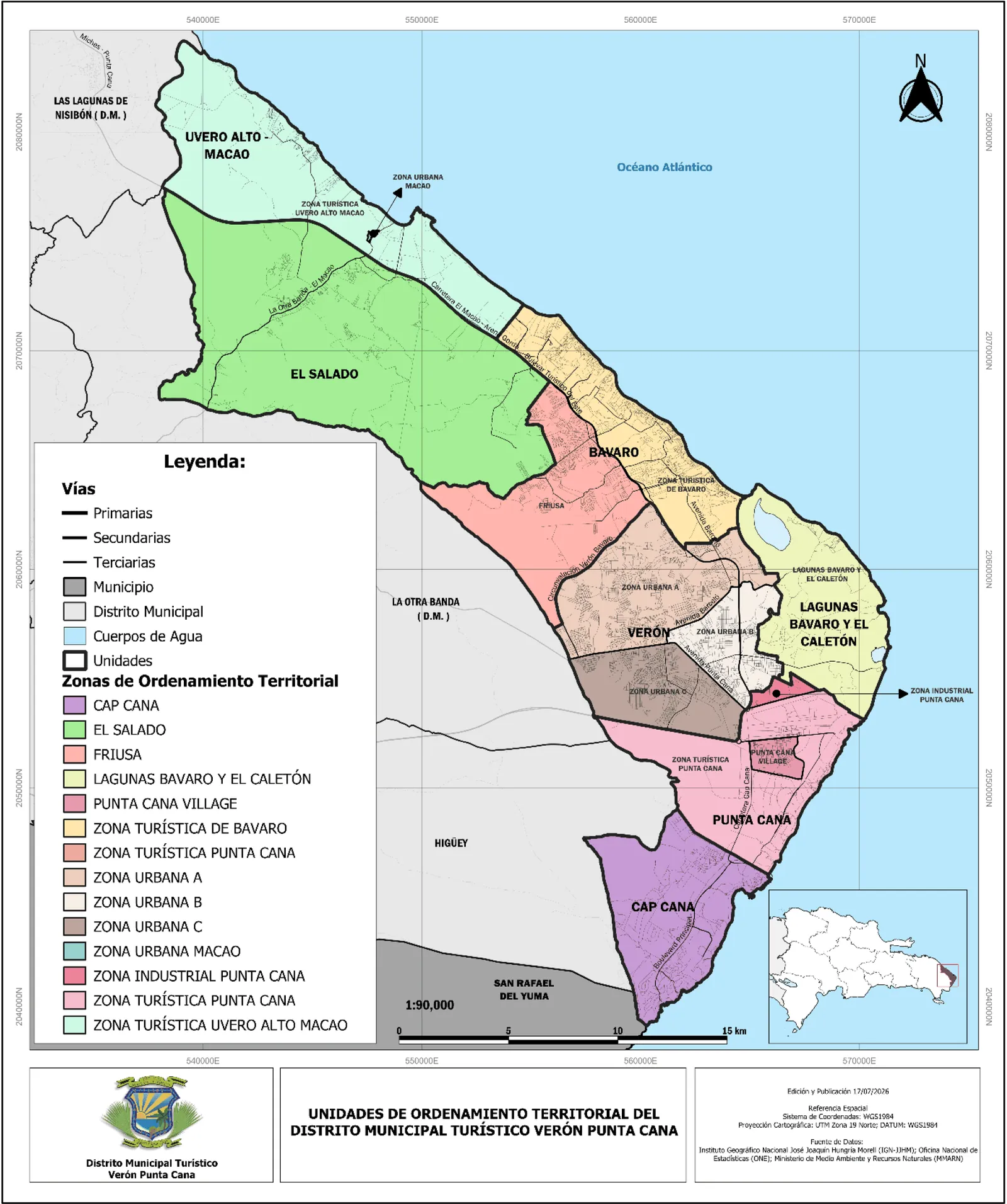 Mapa del plan de ordenamiento territorial de Verón Punta Cana con sus zonas: Uvero Alto-Macao, El Salado, Friusa, Bávaro, Verón, Lagunas Bávaro y El Caletón, Punta Cana y Cap Cana