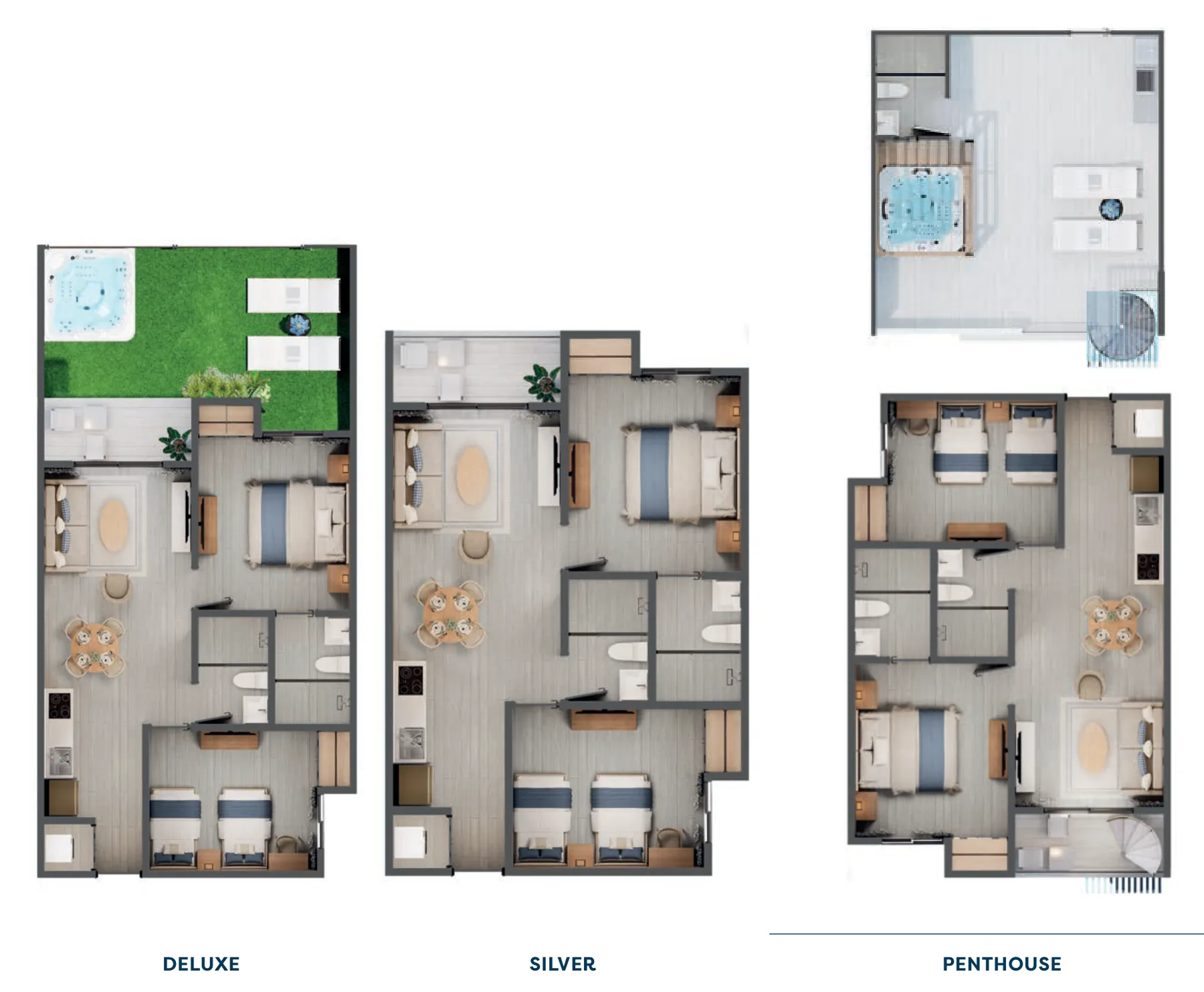 Planos en 3D del apartamento de 2 habitaciones de Cruise On Land Punta Cana en sus tres niveles