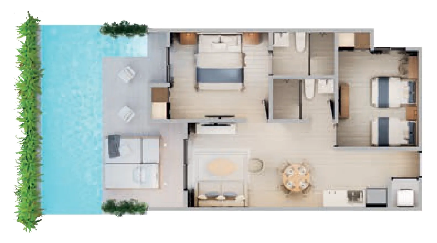 Plano en 3D de el apartamento de 2 habitaciones del Edificio 6 de Cruise On Land Punta Cana