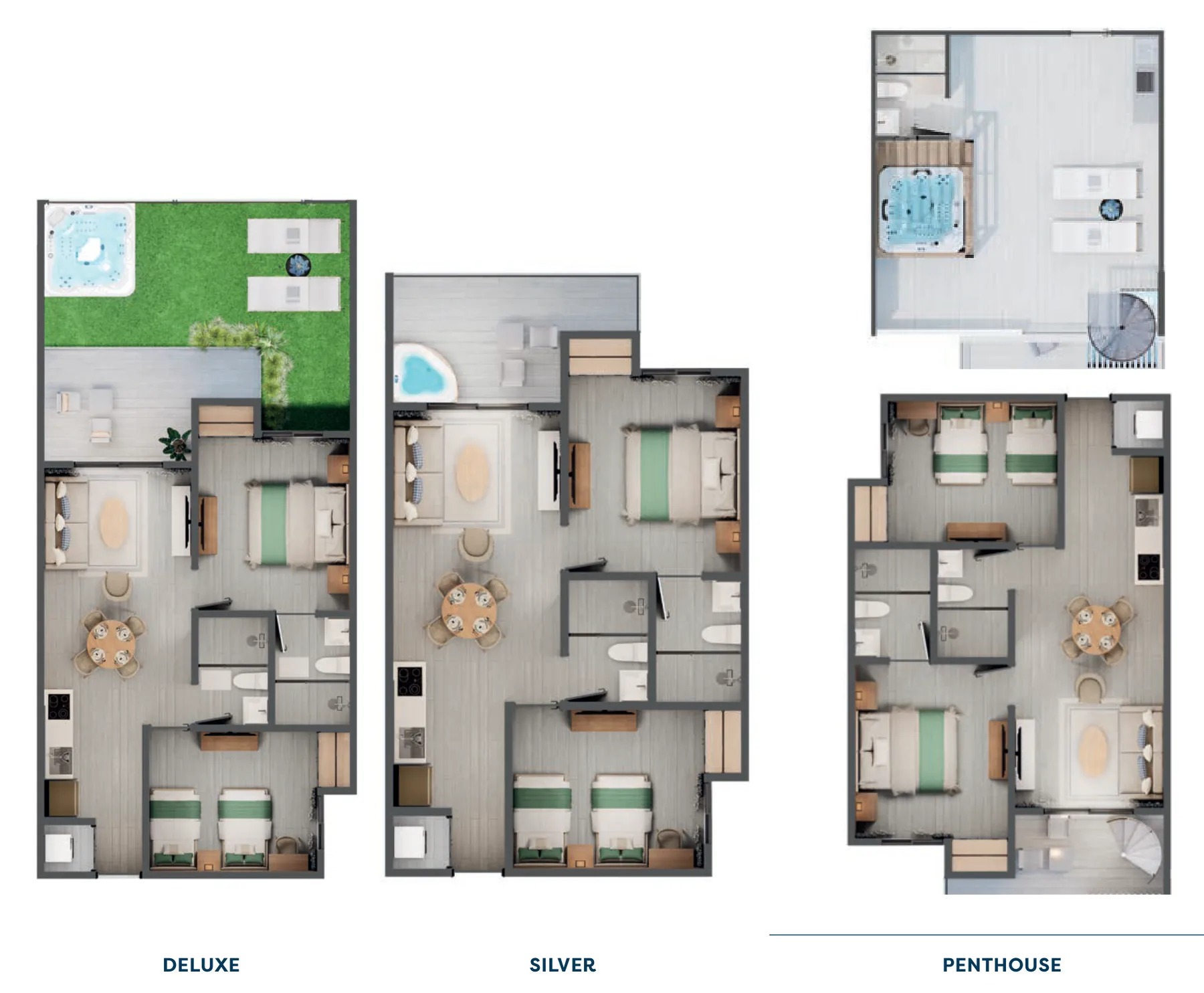 Planos en 3D del apartamento de 2 habitaciones Royal de Cruise On Land en sus tres niveles