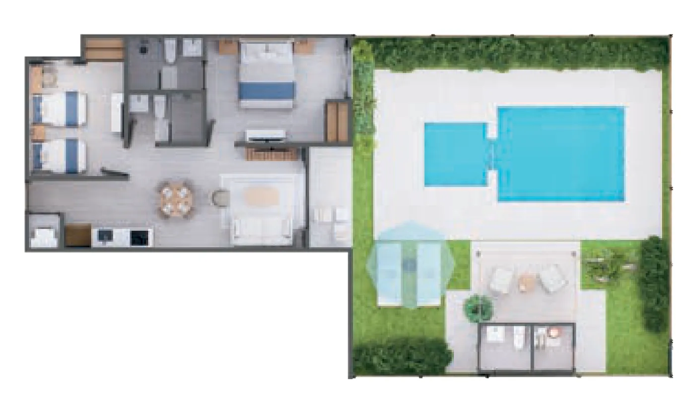 Plano en 3D de el apartamento de 2 habitaciones Royal del Edificio 6 de Cruise On Land Punta Cana