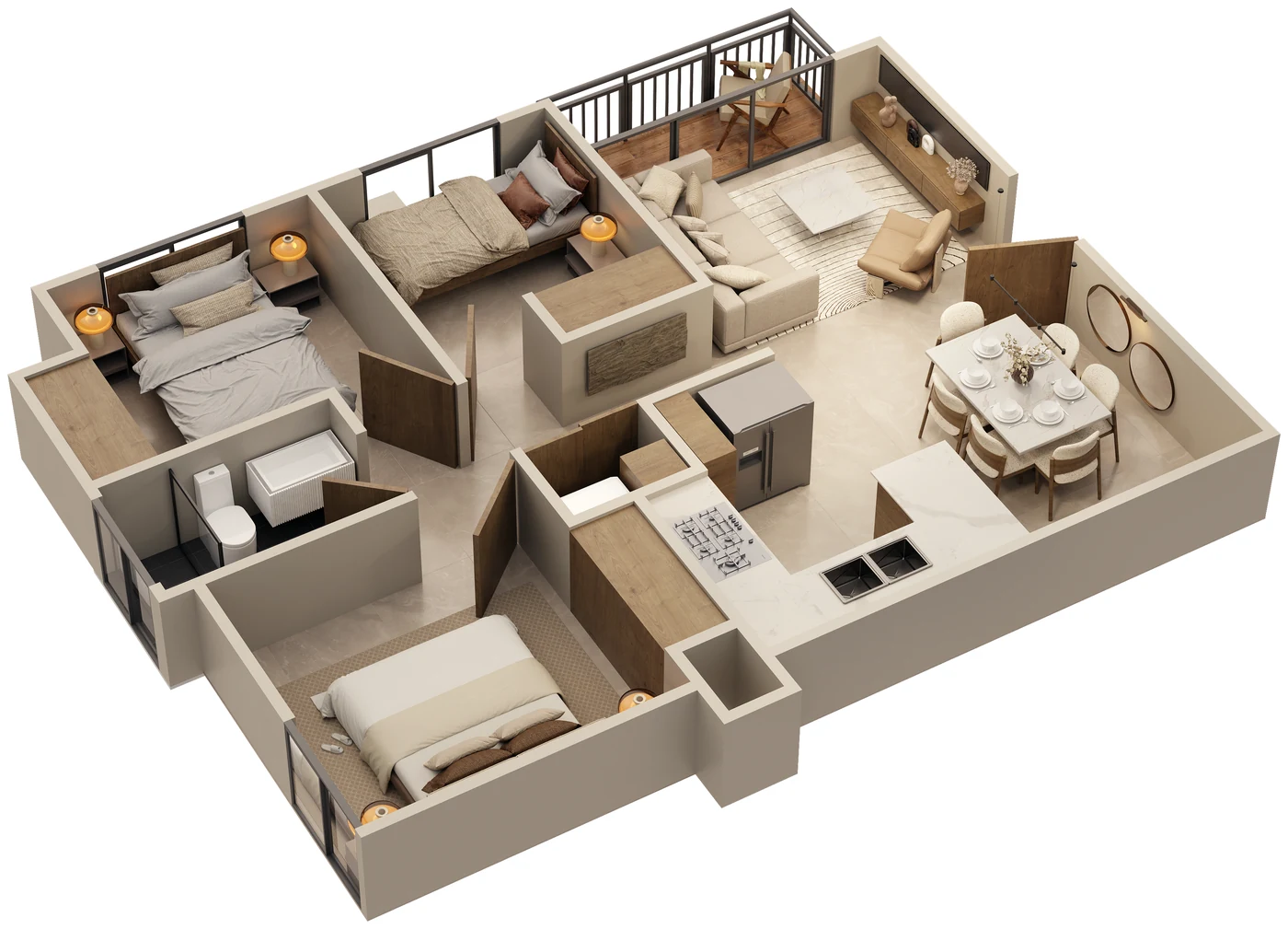 Plano 3D del apartamento de 3 habitaciones de Brisas de las Colinas 7