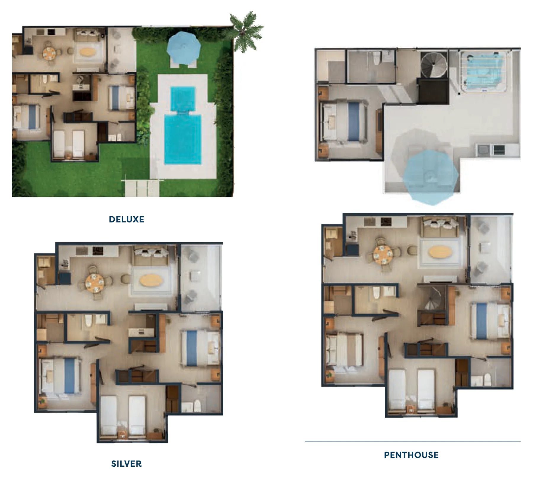 Planos en 3D del apartamento de 3 habitaciones de Cruise On Land Punta Cana con patio y piscina en el nivel Deluxe