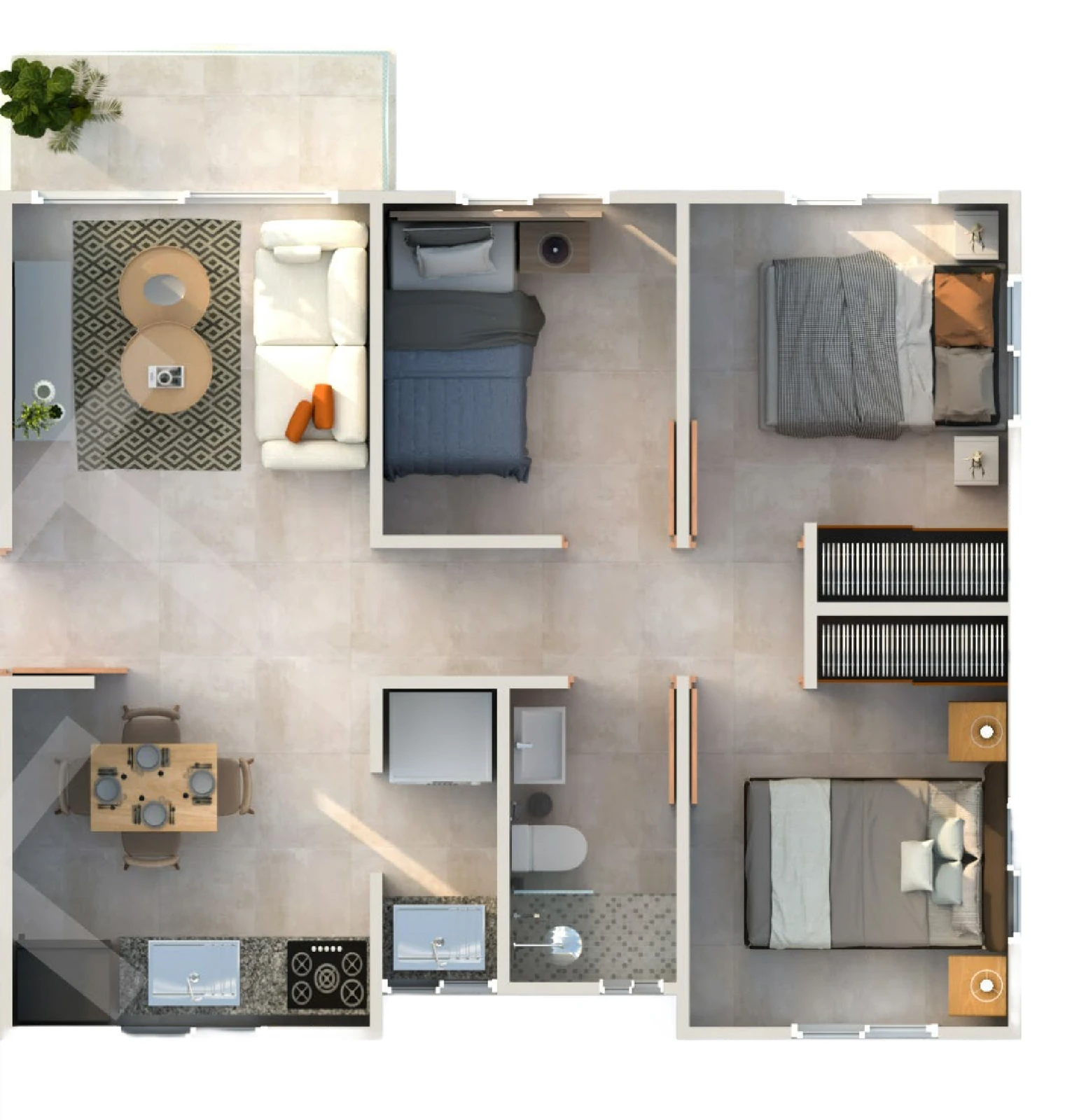 Plano en 3D de un apartamento de 3 habitaciones en Parque de las Colinas II