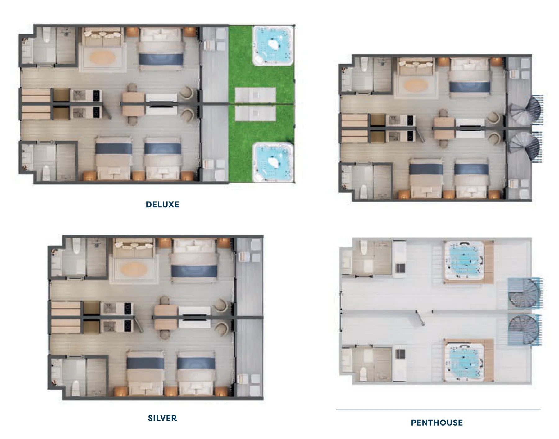 Planos en 3D de la suite de 2 habitaciones connecting de Cruise On Land en nivel Deluxe, Silver y Penthouse