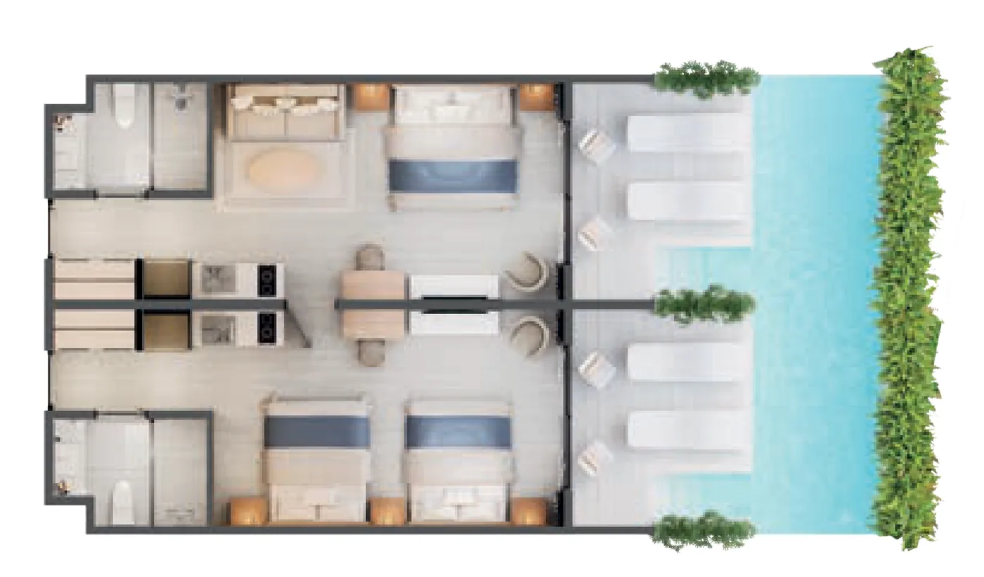 Plano en 3D de la suite de 2 habitaciones connecting del Edificio 6 de Cruise On Land Punta Cana