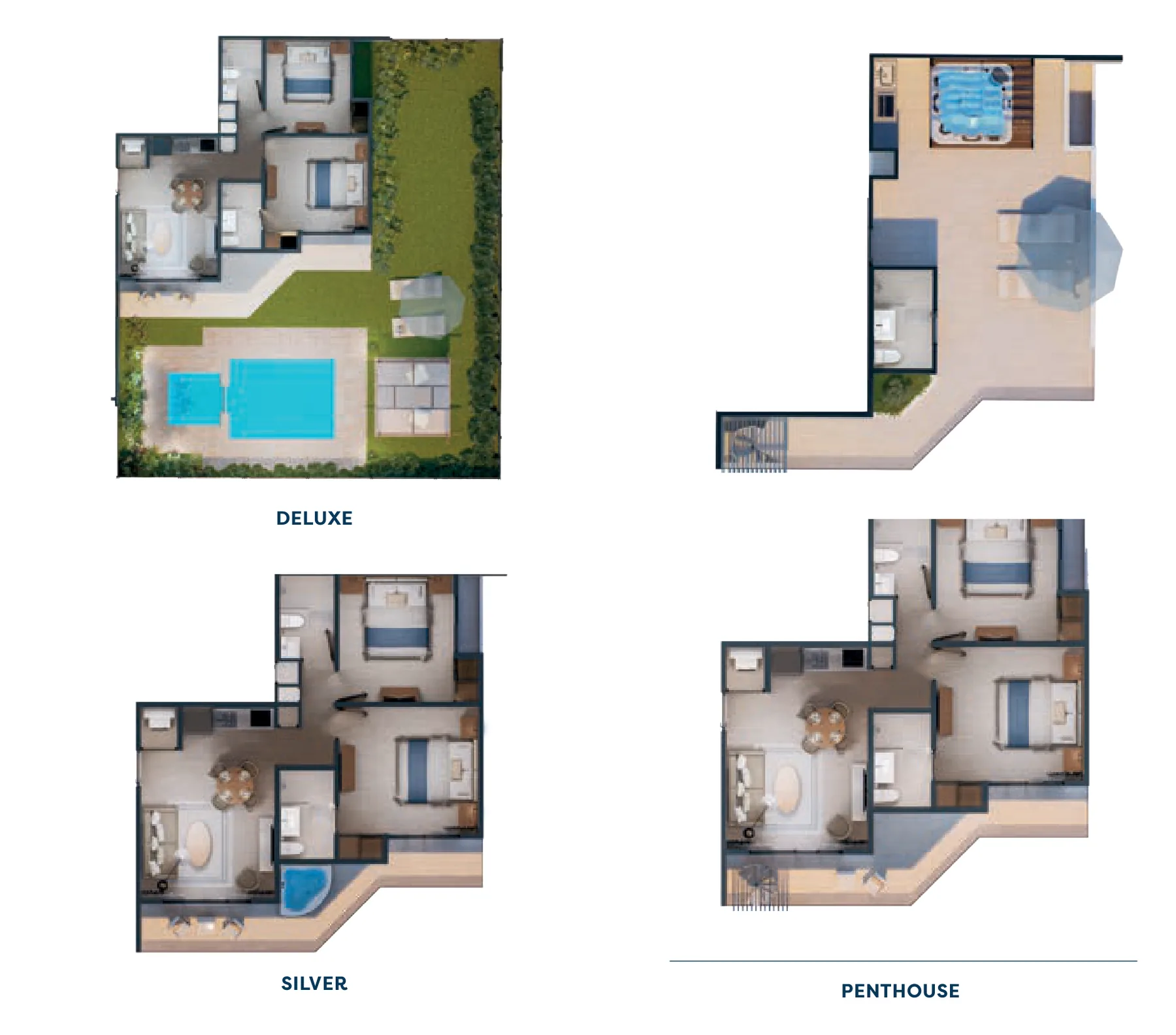 Planos en 3D de la suite de 2 habitaciones de Cruise On Land con patio y piscina en el nivel Deluxe