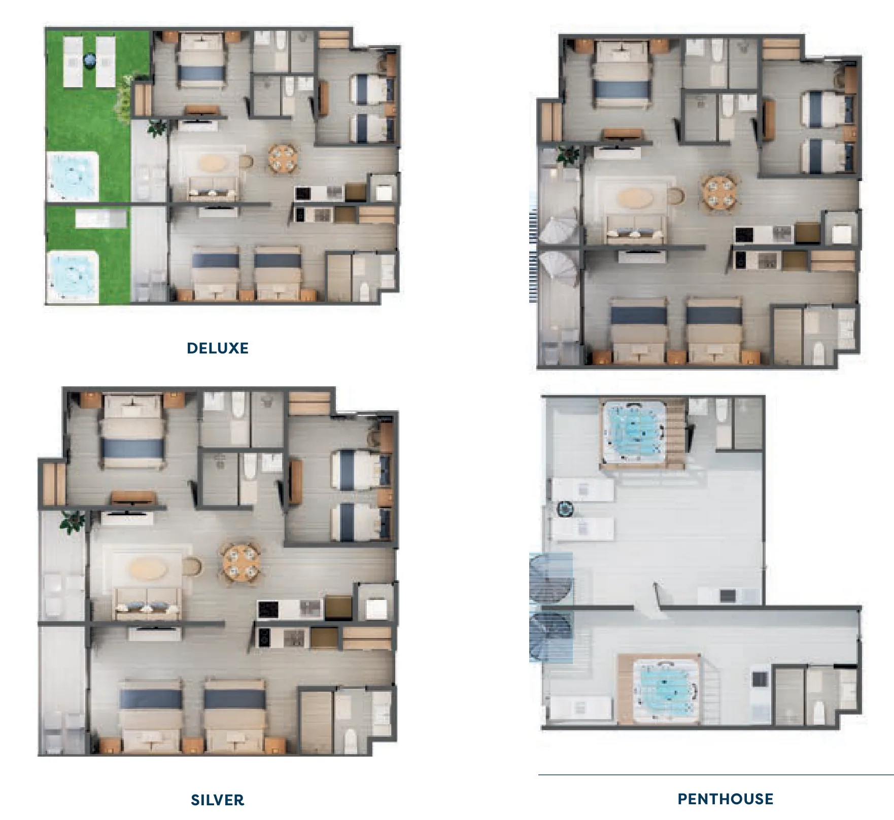 Planos en 3D de la suite de 3 habitaciones connecting de Cruise On Land en nivel Deluxe, Silver y Penthouse