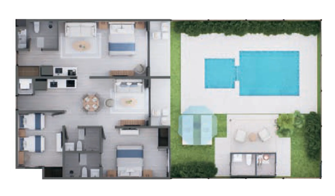 Plano en 3D de la suite de 3 habitaciones connecting del Edificio 6 de Cruise On Land Punta Cana
