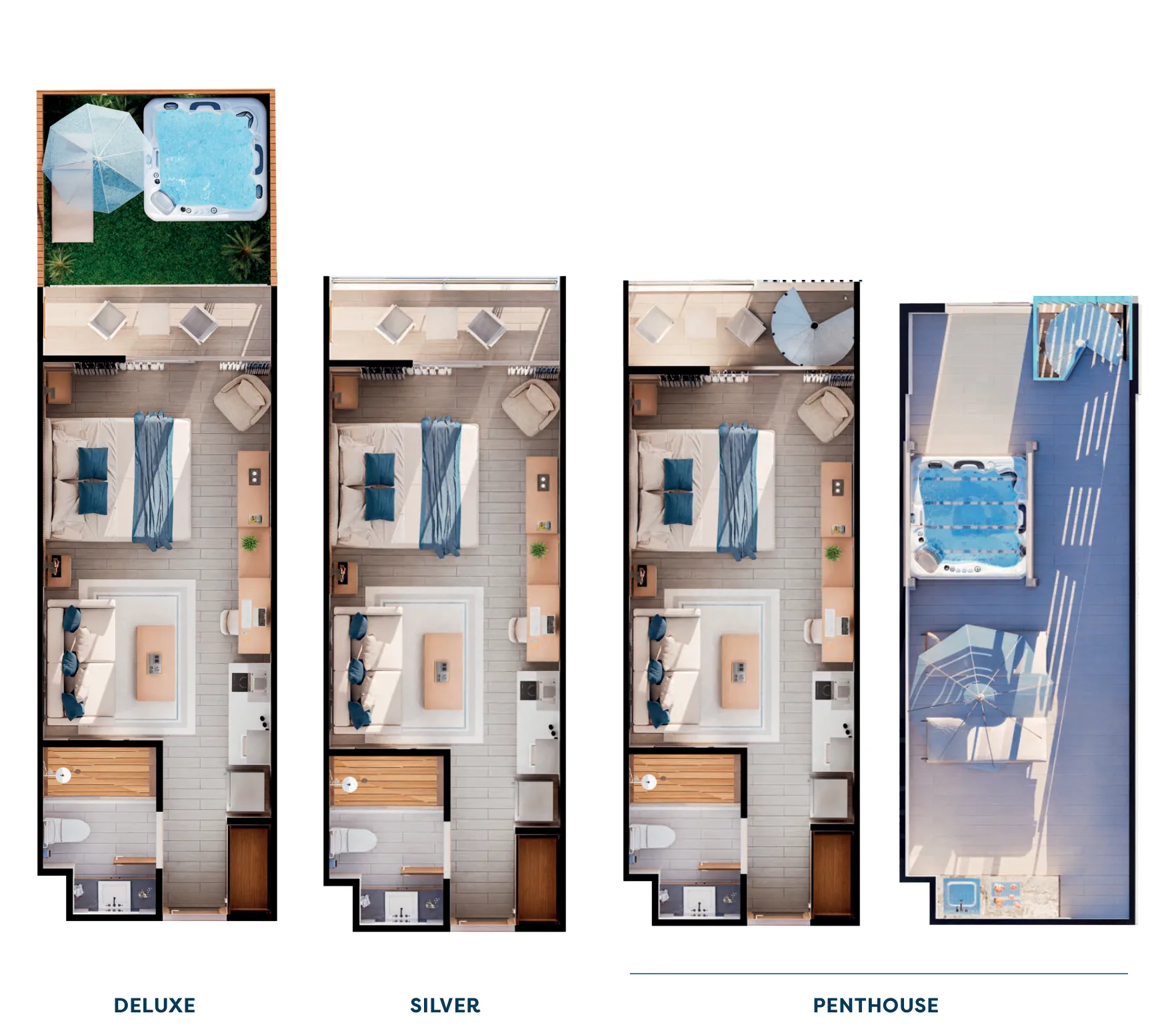 Planos en 3D de la suite hotelera de Cruise On Land Punta Cana en nivel Deluxe, Silver y Penthouse
