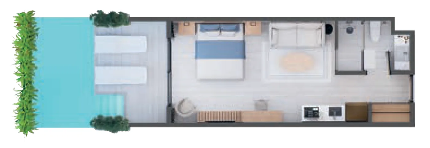 Plano en 3D de la Suite Hotelera del Edificio 6 de Cruise On Land Punta Cana