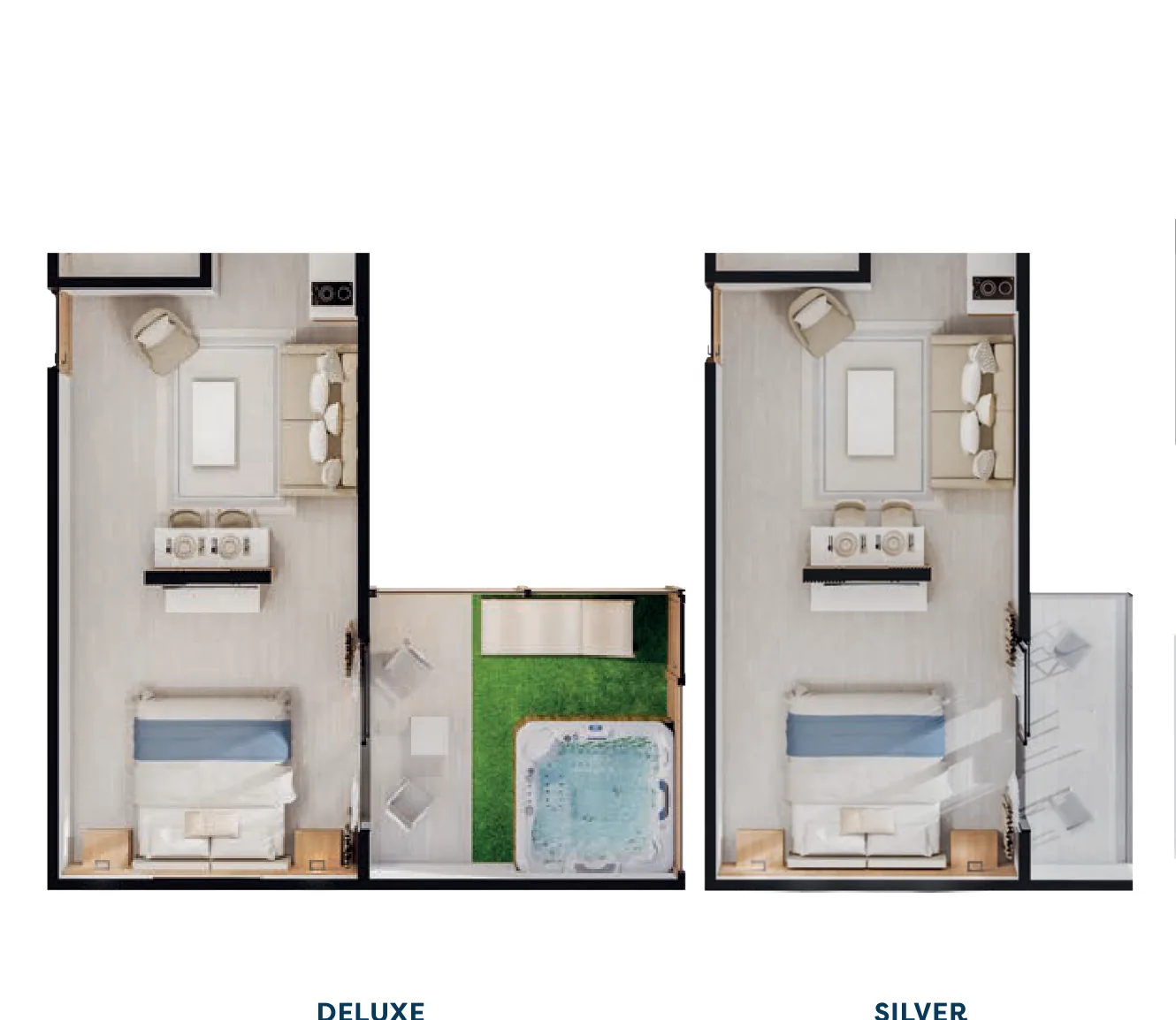 Planos en 3D de la Suite Hotelera Premium de Cruise On Land en nivel Deluxe, Silver y Penthouse