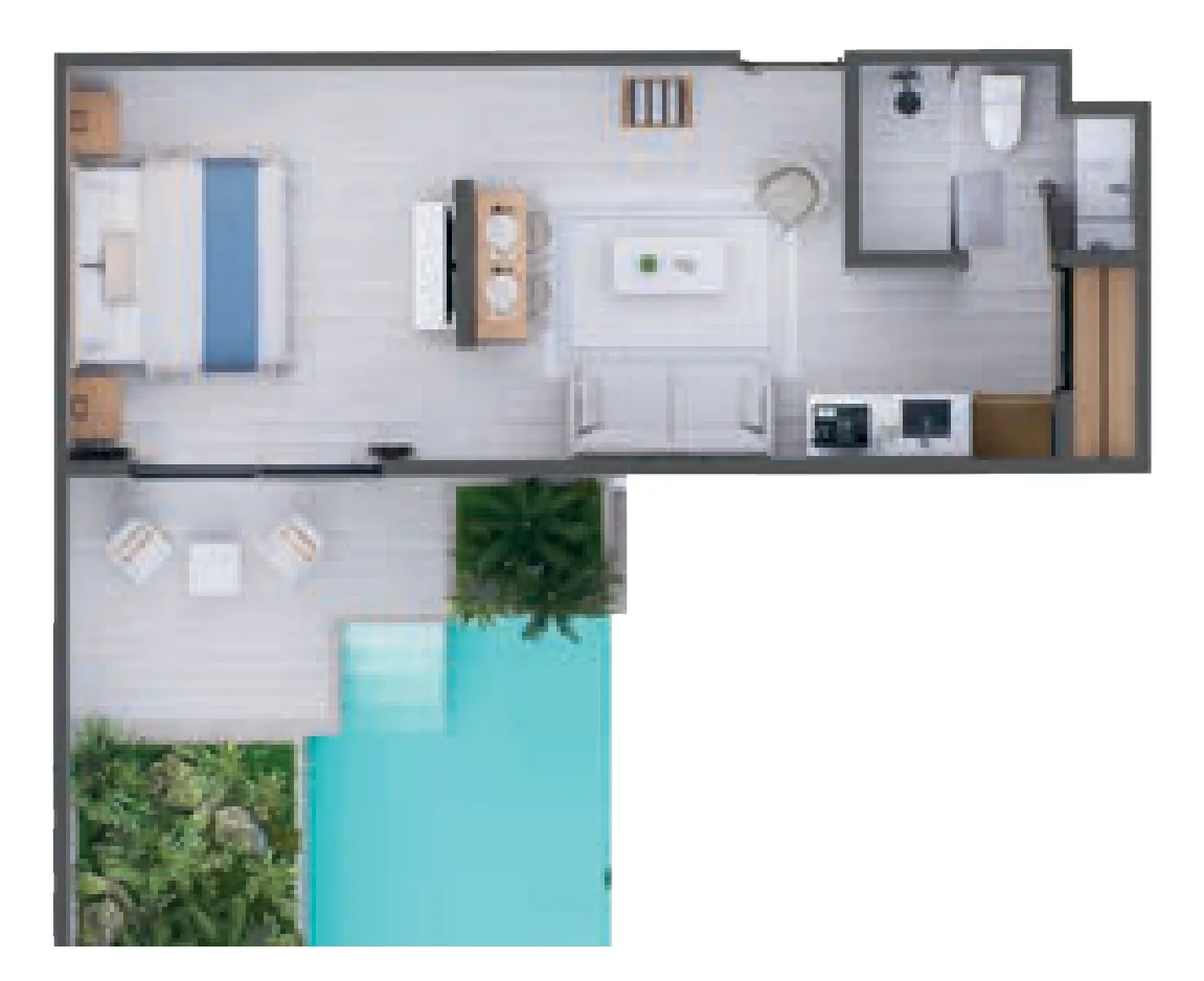 Plano en 3D de la Suite Hotelera Premium del Edificio 6 de Cruise On Land Punta Cana