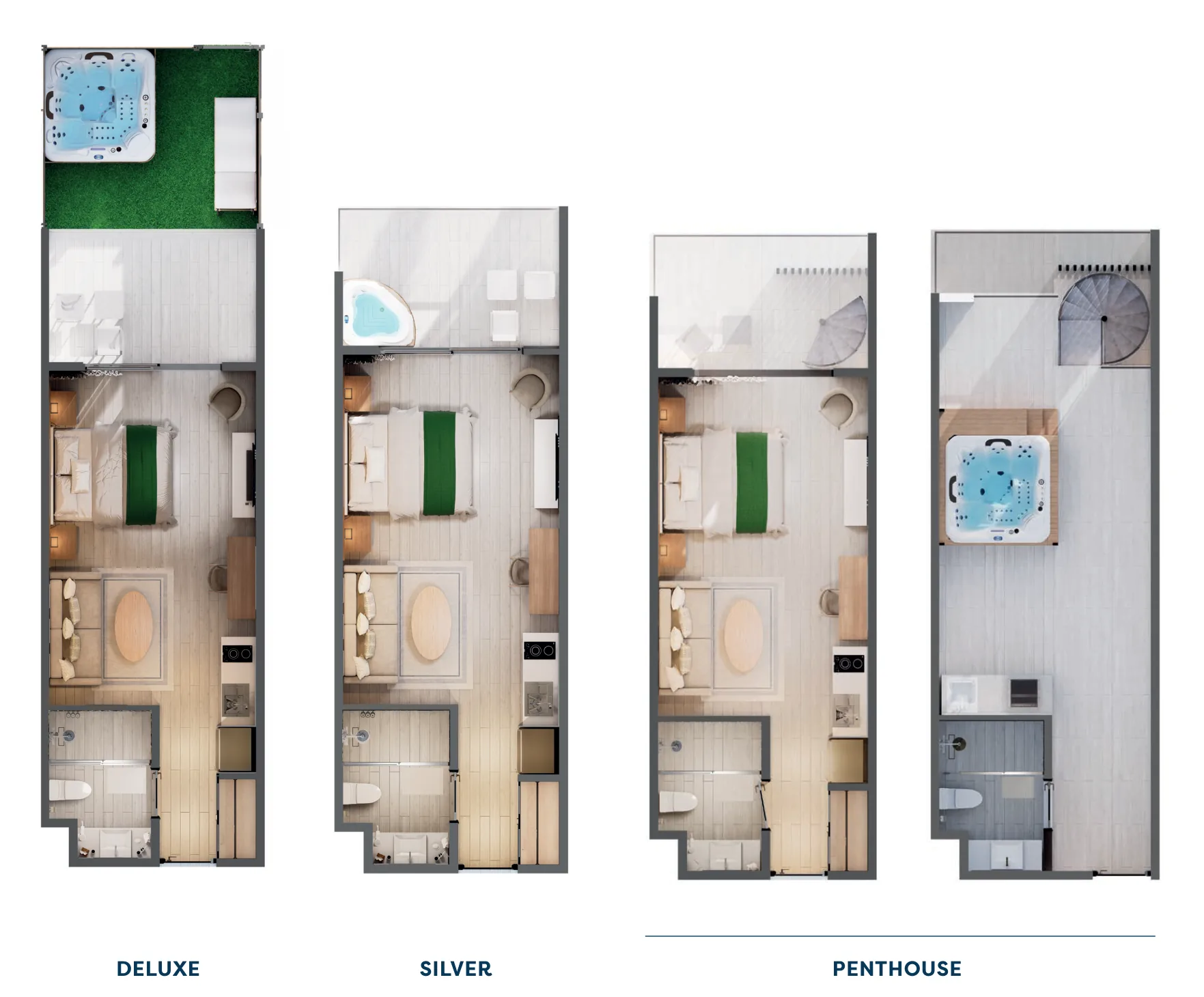 Planos en 3D de la Suite Hotelera Royal de Cruise On Land en sus niveles Deluxe, Silver y Penthouse