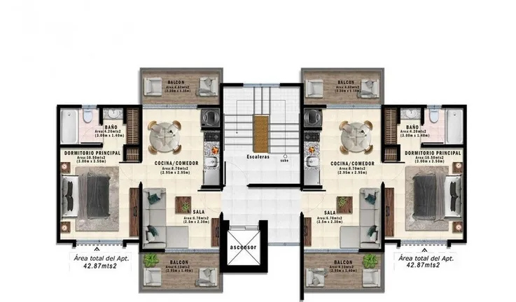 Plano del apartamento de 1 habitación de los niveles 2 al 4 en Terrazas de Boca Chica