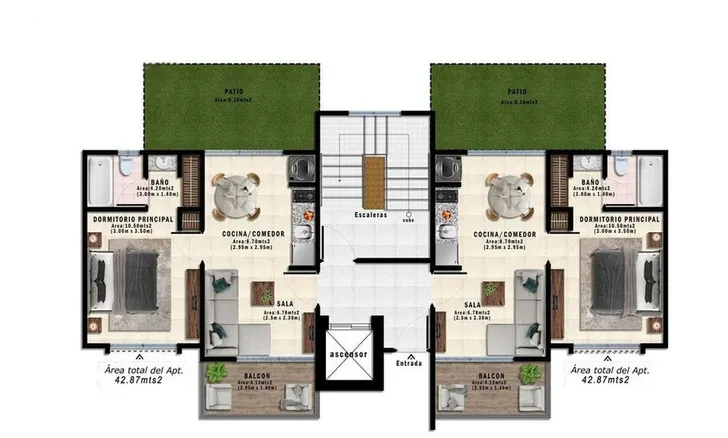 Plano del apartamento de 1 habitación en primer nivel con patio en Terrazas de Boca Chica