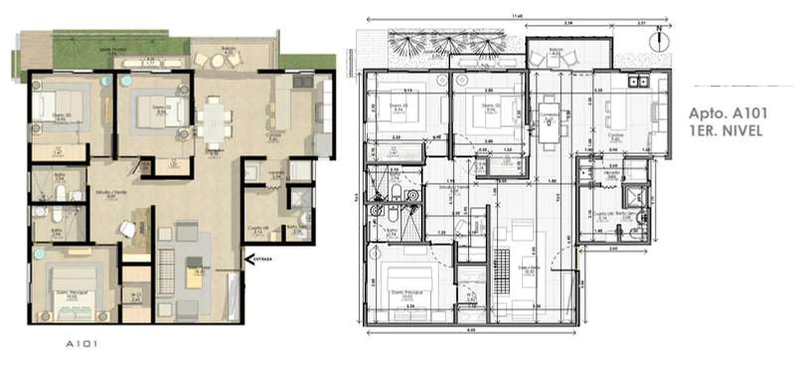 Plano del apartamento A101 de primer nivel con jardín privado en Julio Adriano Residences