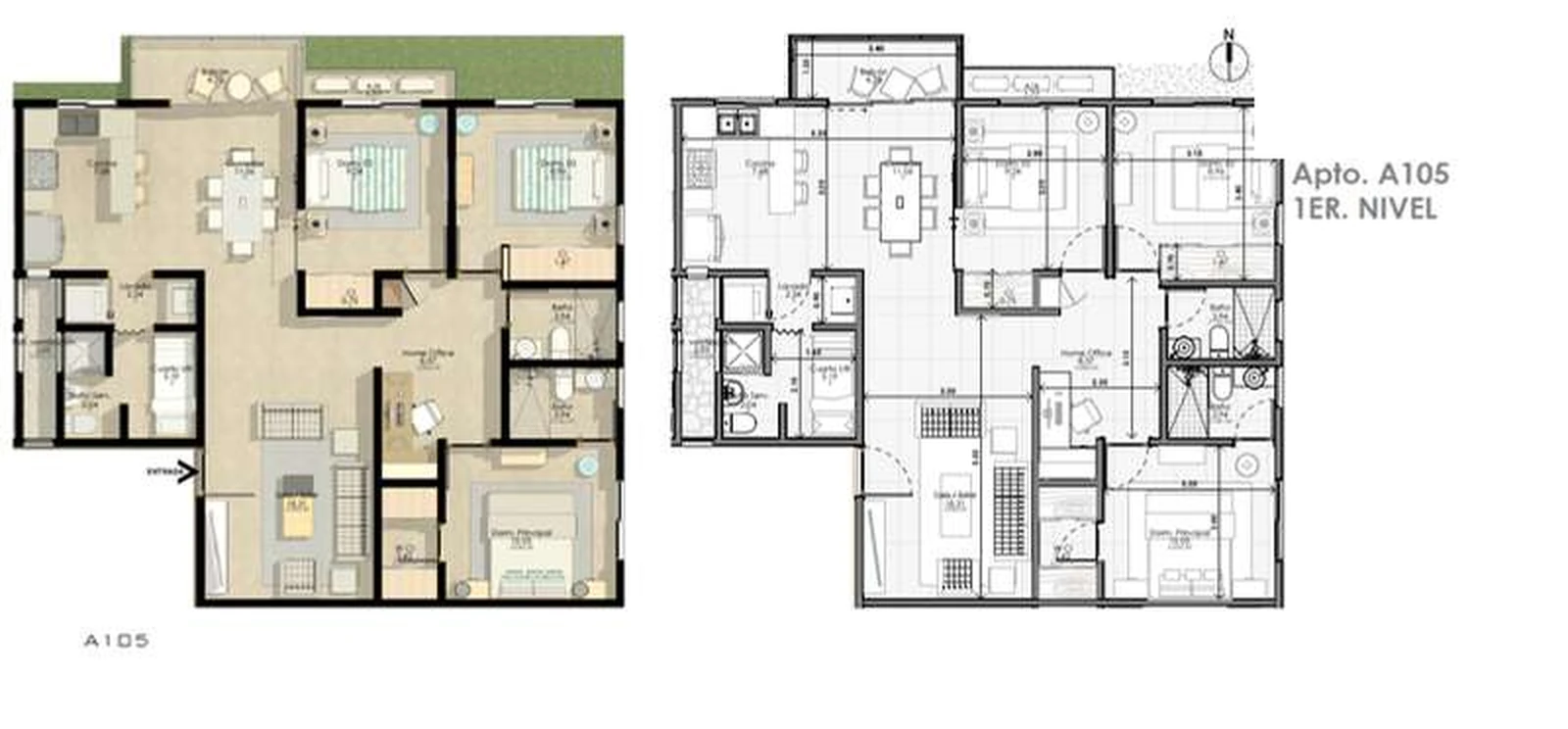 Plano del apartamento A105 de primer nivel con home office en Julio Adriano Residences
