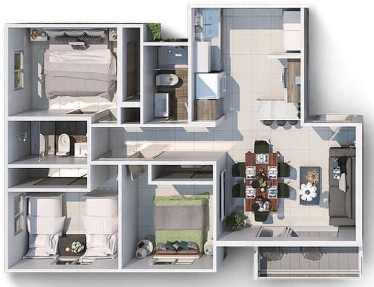 Plano del apartamento Tipo 01 y 02 de 3 habitaciones y 74 m² en Parque de las Colinas II