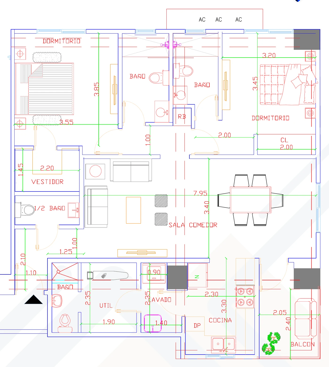 Plano del apartamento Tipo 01 de 115 m² con 2 habitaciones en la Torre Sur de Signature by Melcon