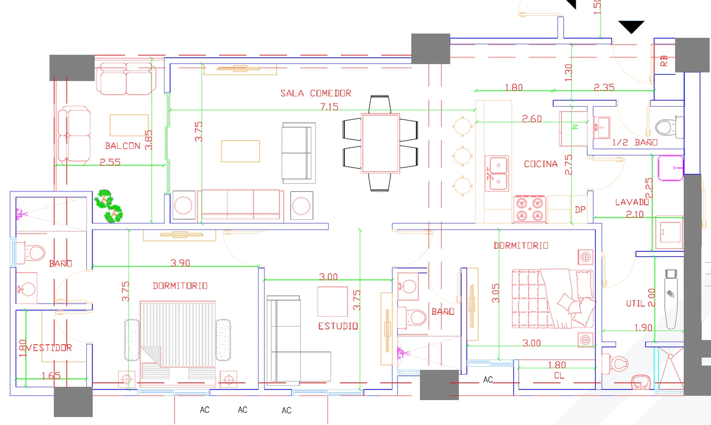 Plano del apartamento Tipo 01 de 130 m² con 2 habitaciones y estudio en la Torre Norte de Signature by Melcon