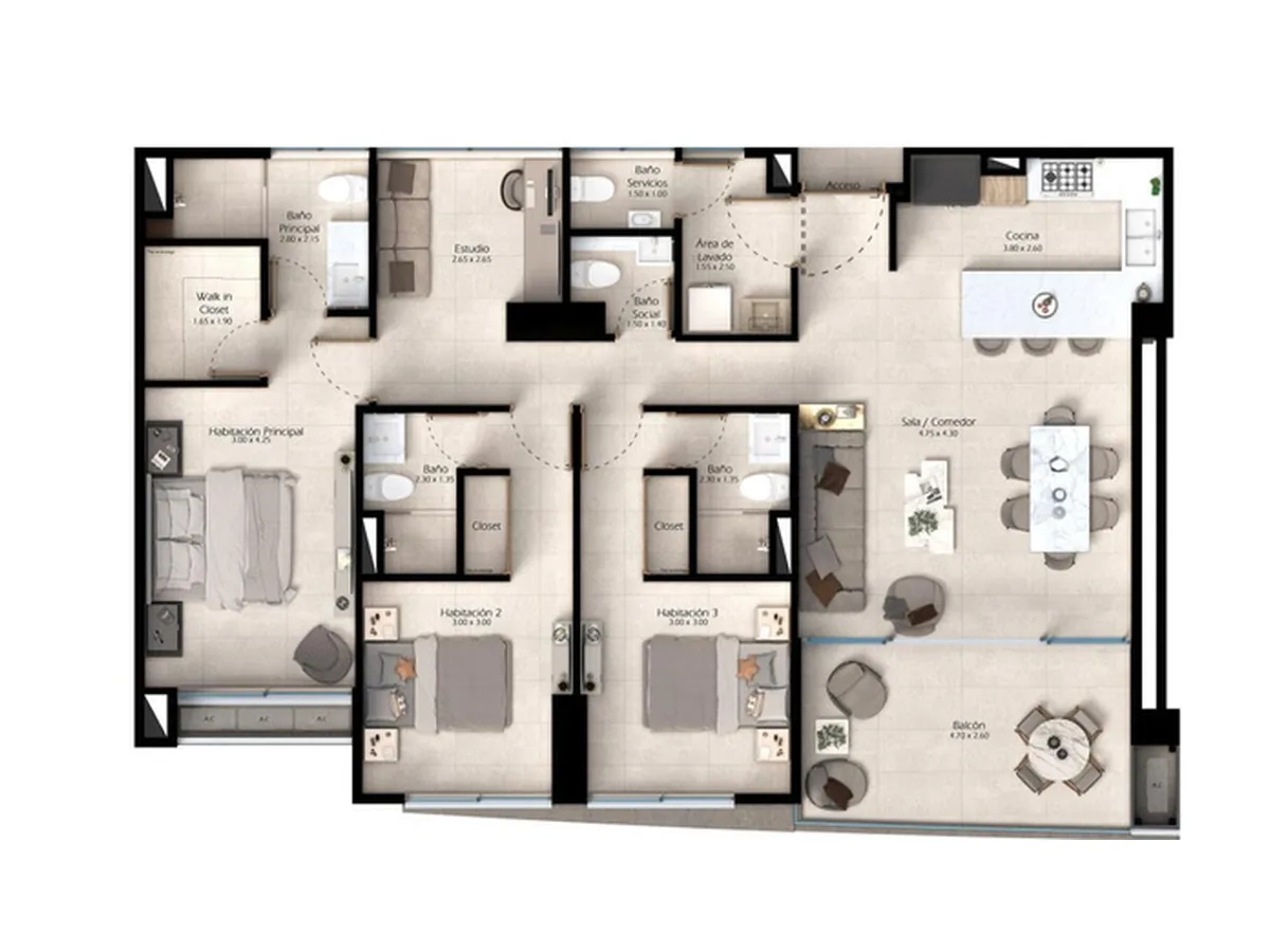 Plano del apartamento Tipo 01 de 134.36 m² con 3 habitaciones y estudio en Traventto Santo Domingo