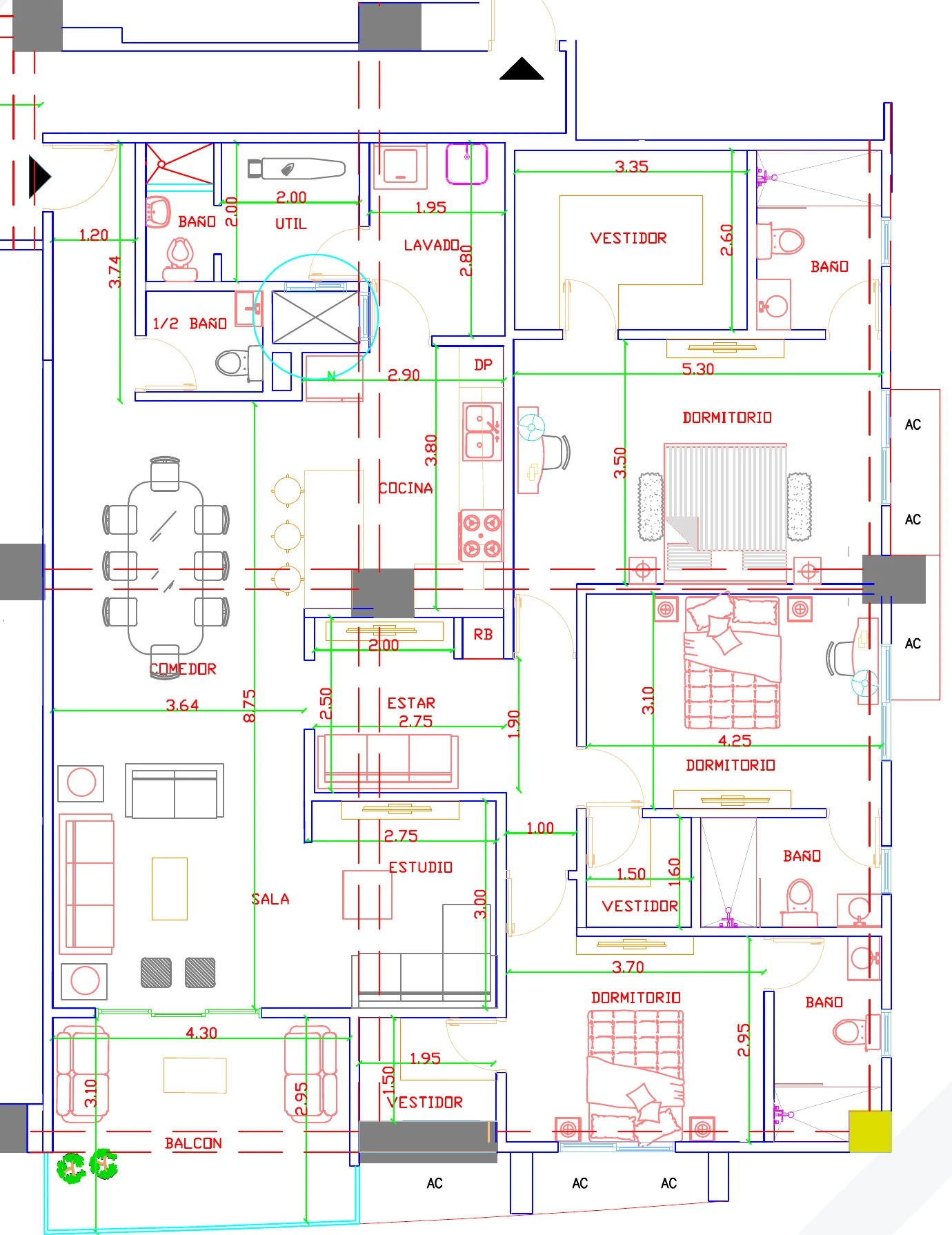 Plano del apartamento Tipo 02 de 192 m² con 3 habitaciones, estudio y estar familiar en la Torre Sur de Signature by Melcon